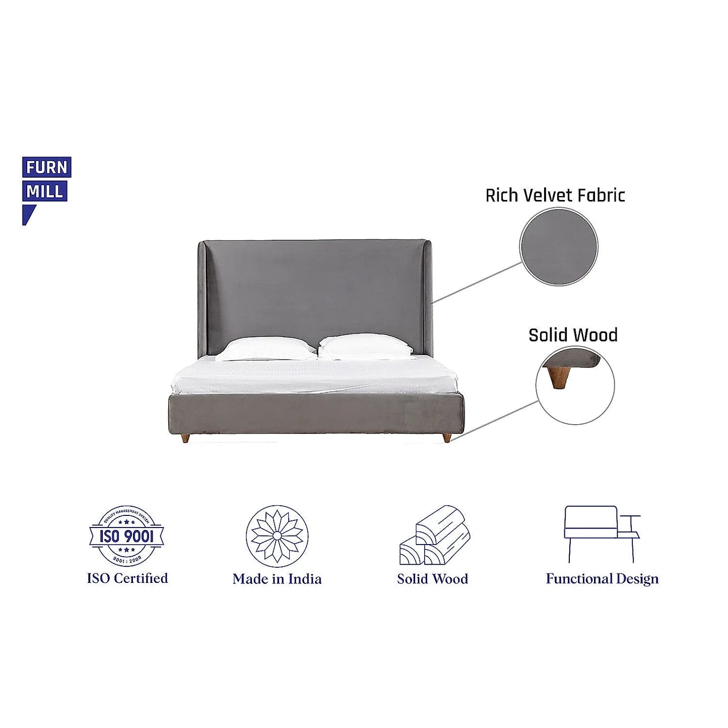California King Size Fabric Bed (Velvet, Grey)