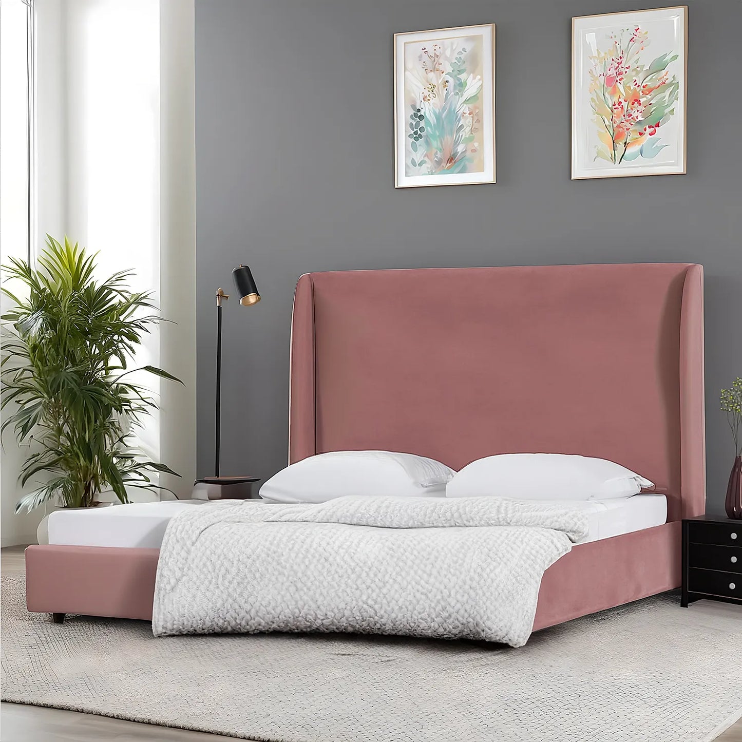 California King Size Fabric Bed (Velvet, Mauve)