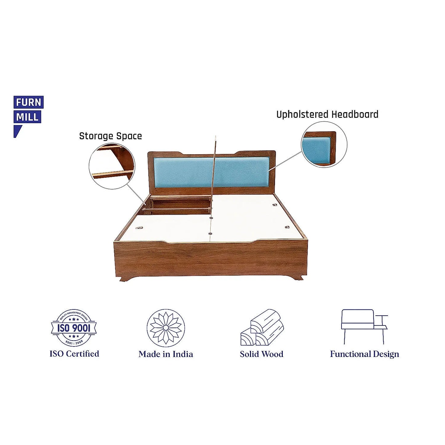 Nirvana Wooden Bed With Storage (Queen Size, Natural Finish)