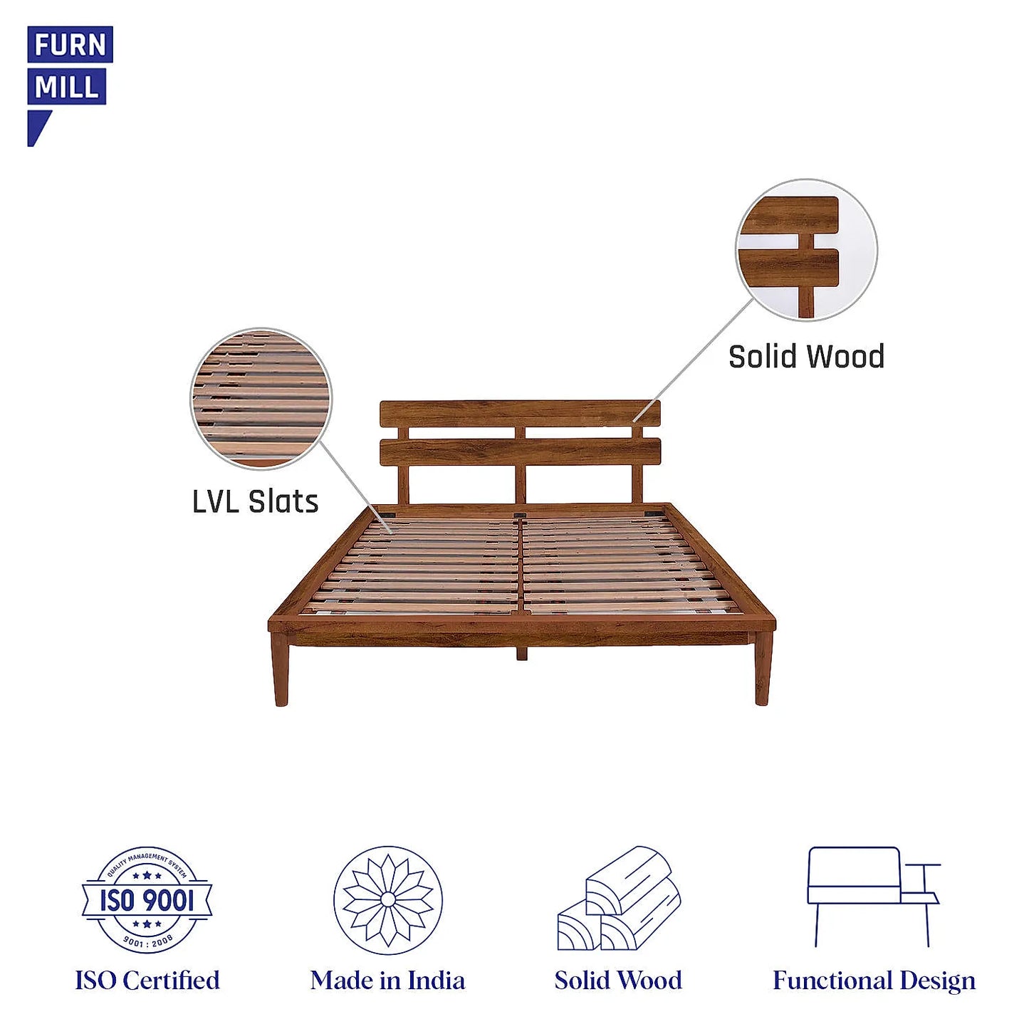 Beeline Wooden Queen Size Bed in Natural Finish