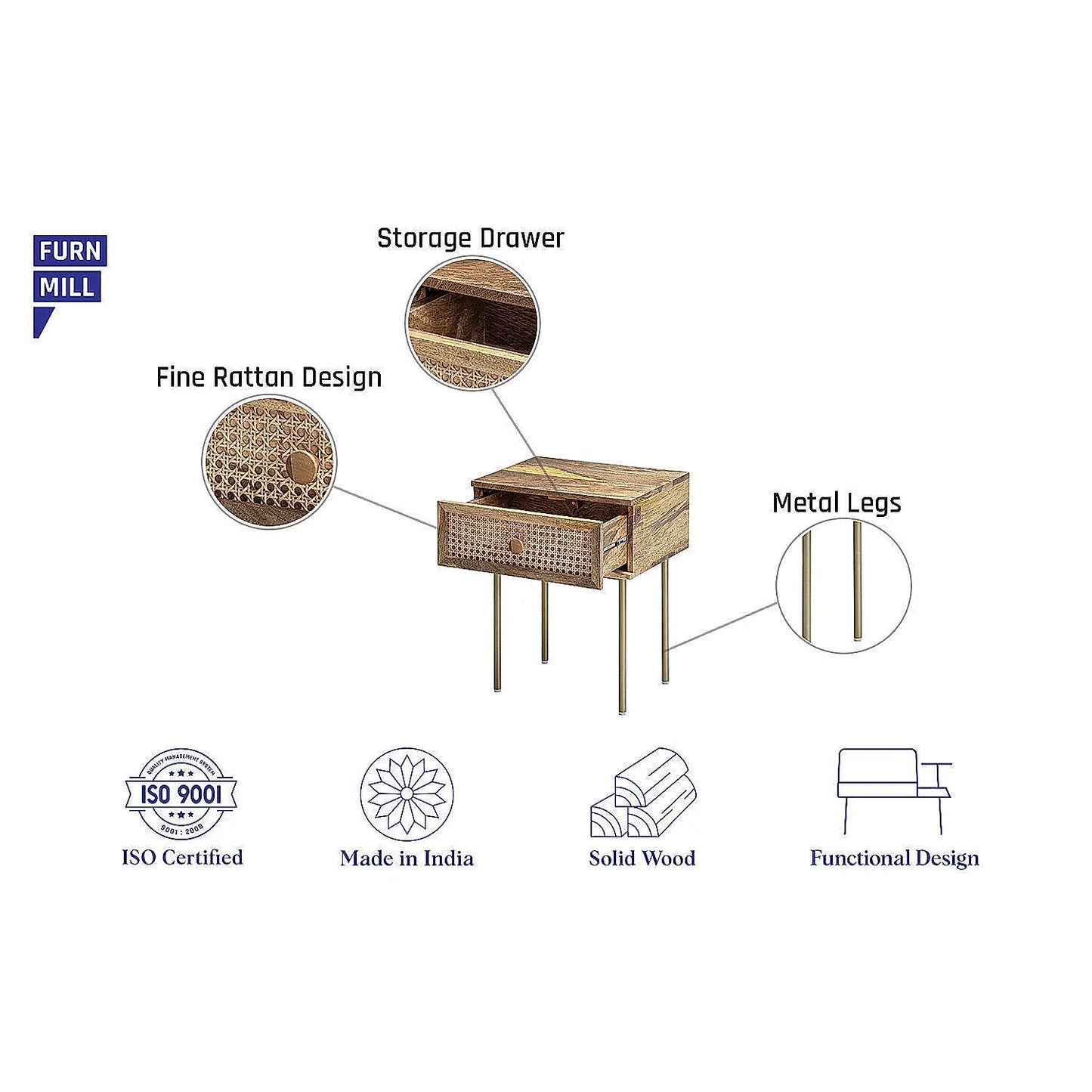 Medley Wooden Bedside Table with Metal Legs