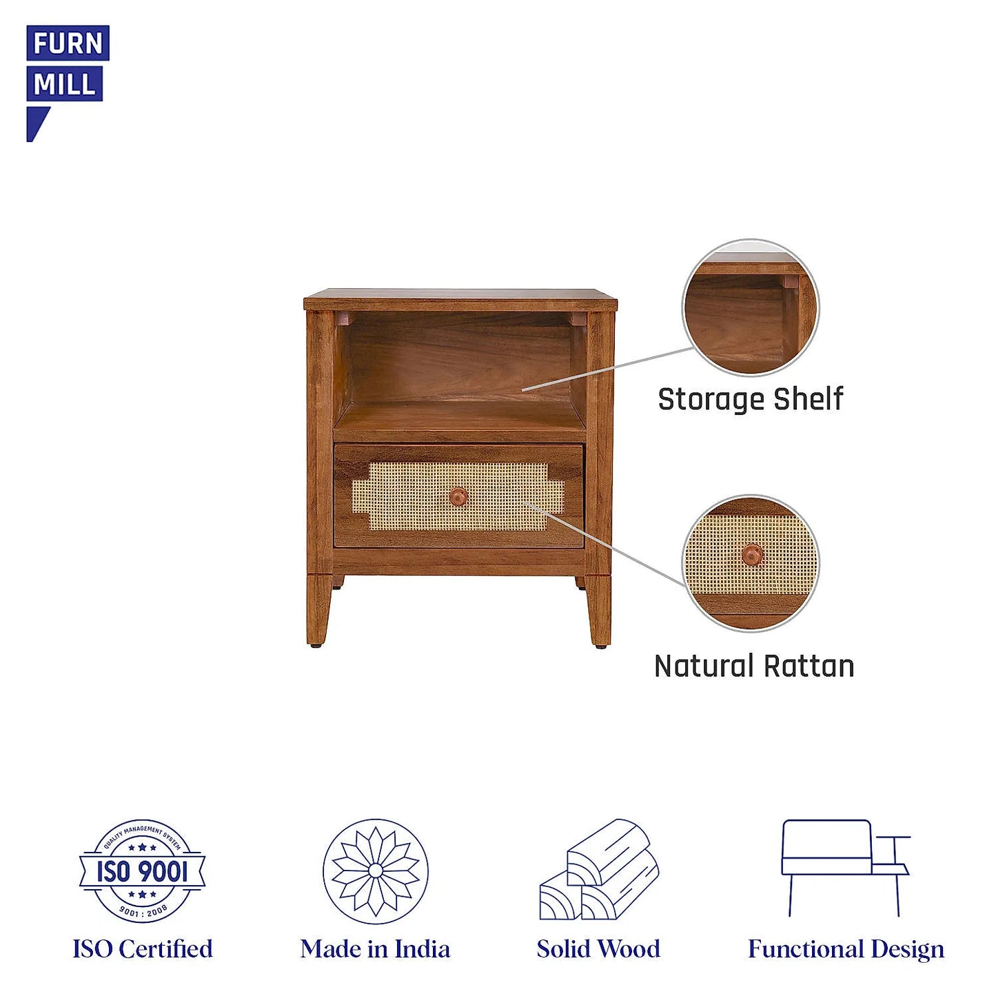 Juno Wooden Bedside Table in Natural Finish