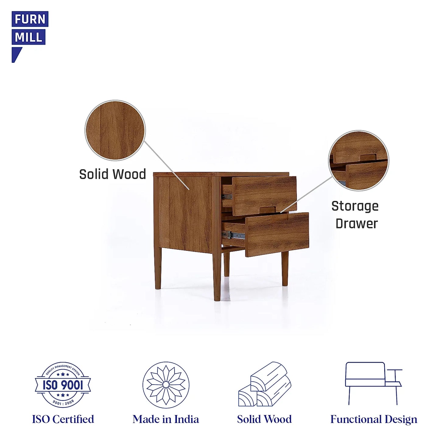 Carol Wooden Bedside Table in Natural Finish