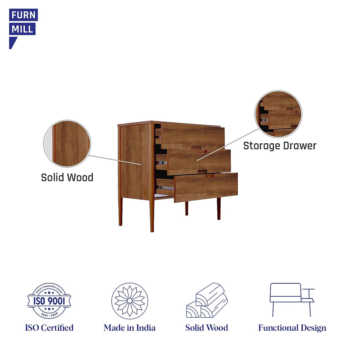 Simone Wooden 3 Chest of Drawers (Natural Finish)