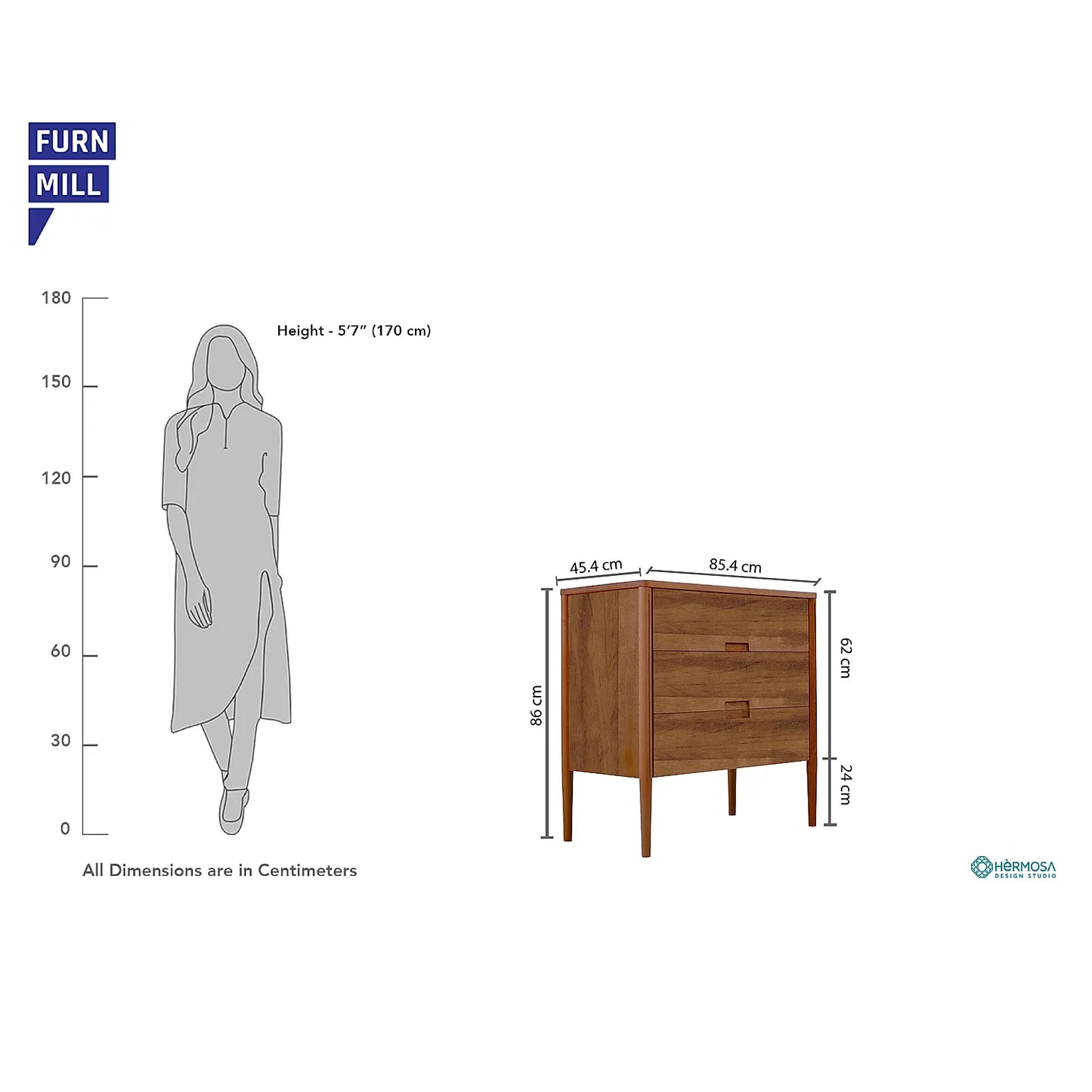 Simone Wooden 3 Chest of Drawers (Natural Finish)