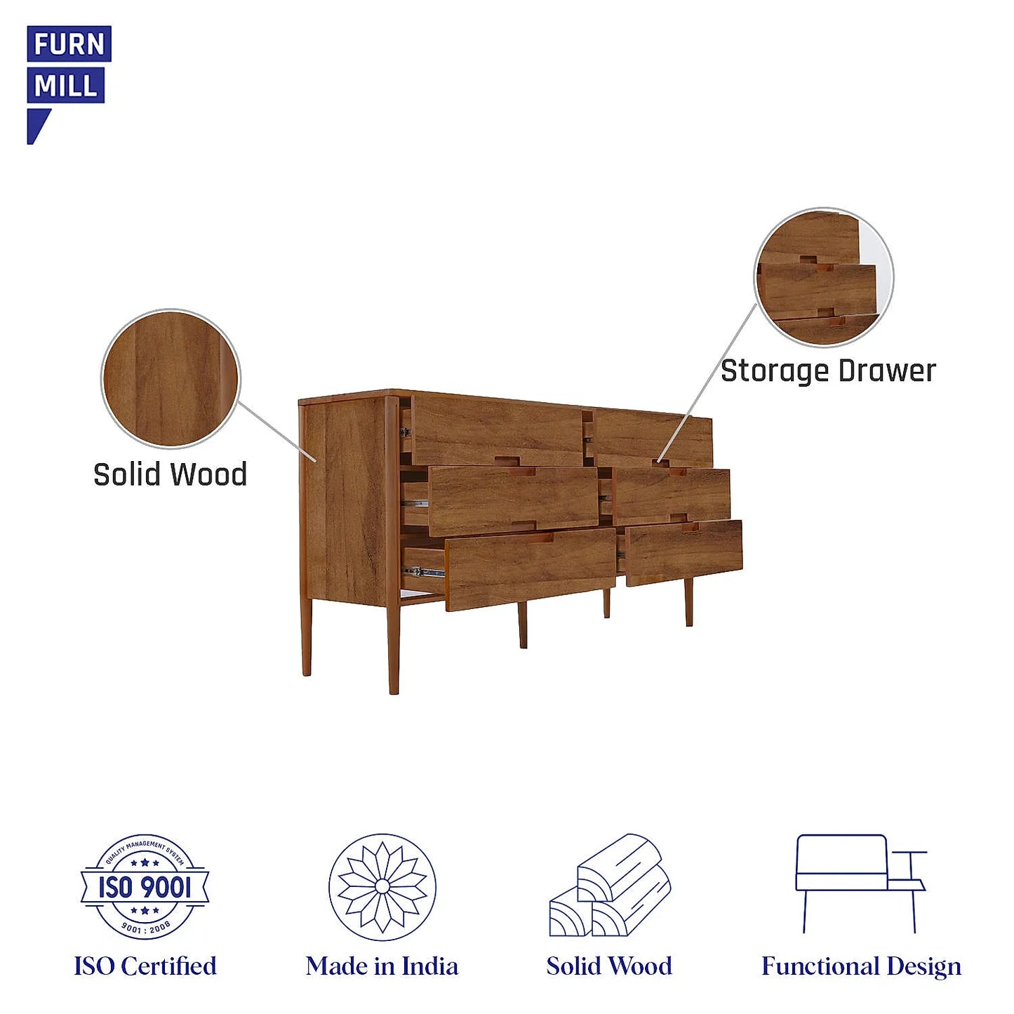 Simone Wooden 6 Chest of Drawers (Natural Finish)