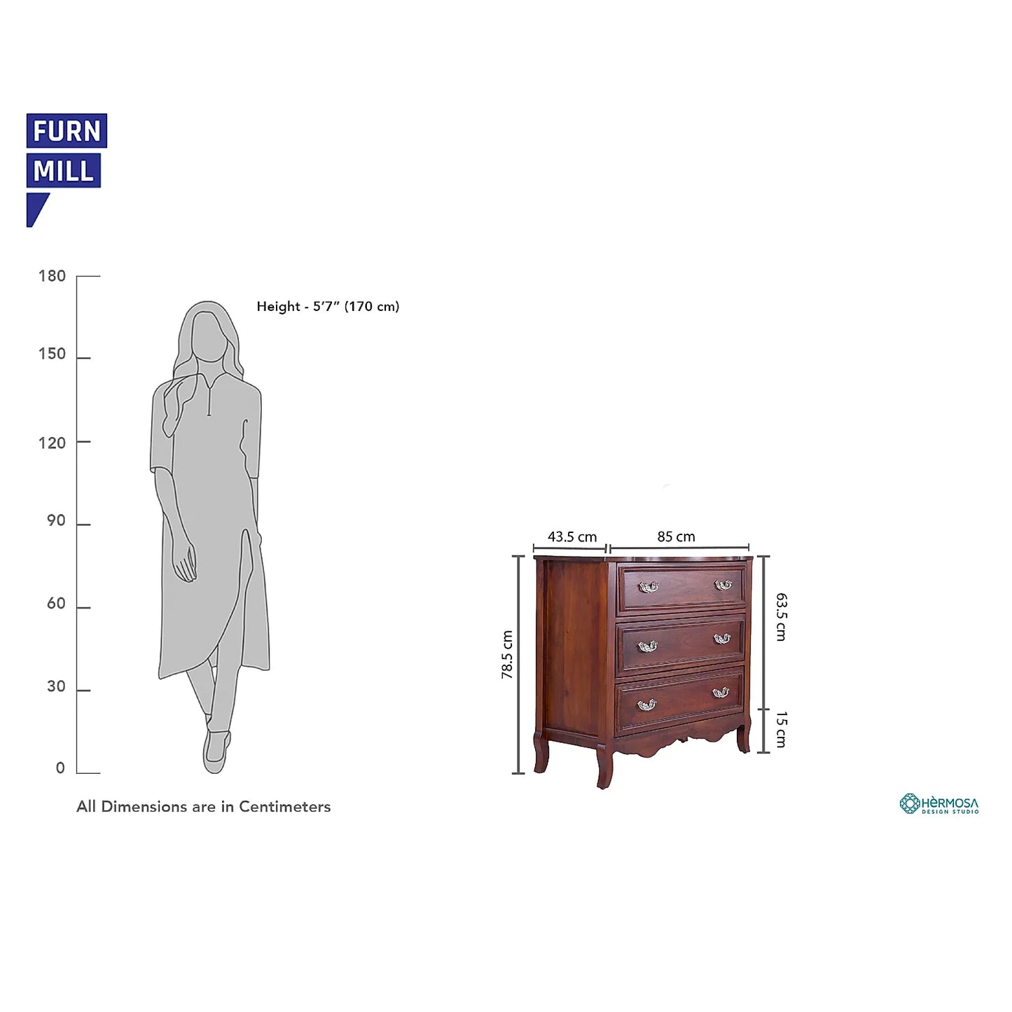 Juliet Wooden 3 Chest of Drawers (Teak Finish)