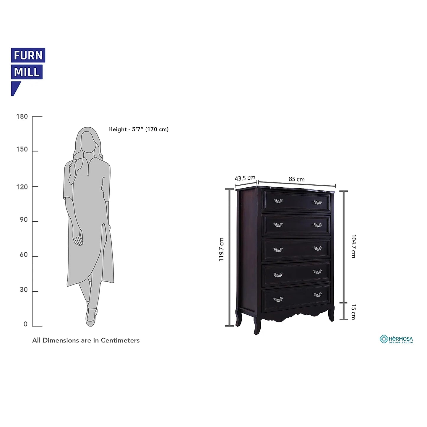 Callisto Wooden 5 Chest of Drawers (Dark Walnut Finish)
