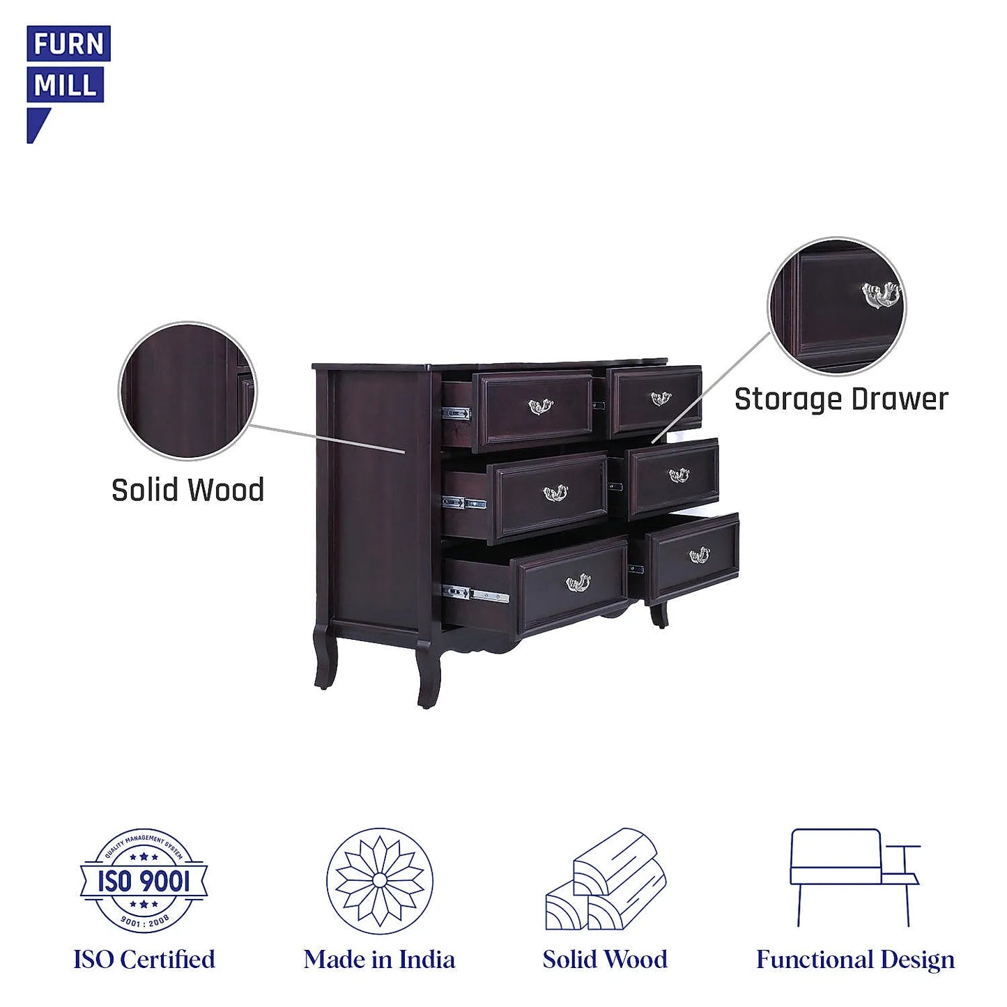 Hesper Wooden 6 Chest of Drawers in Dark Walnut Finish