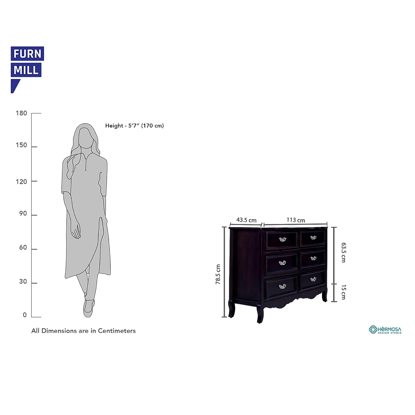 Hesper Wooden 6 Chest of Drawers in Dark Walnut Finish