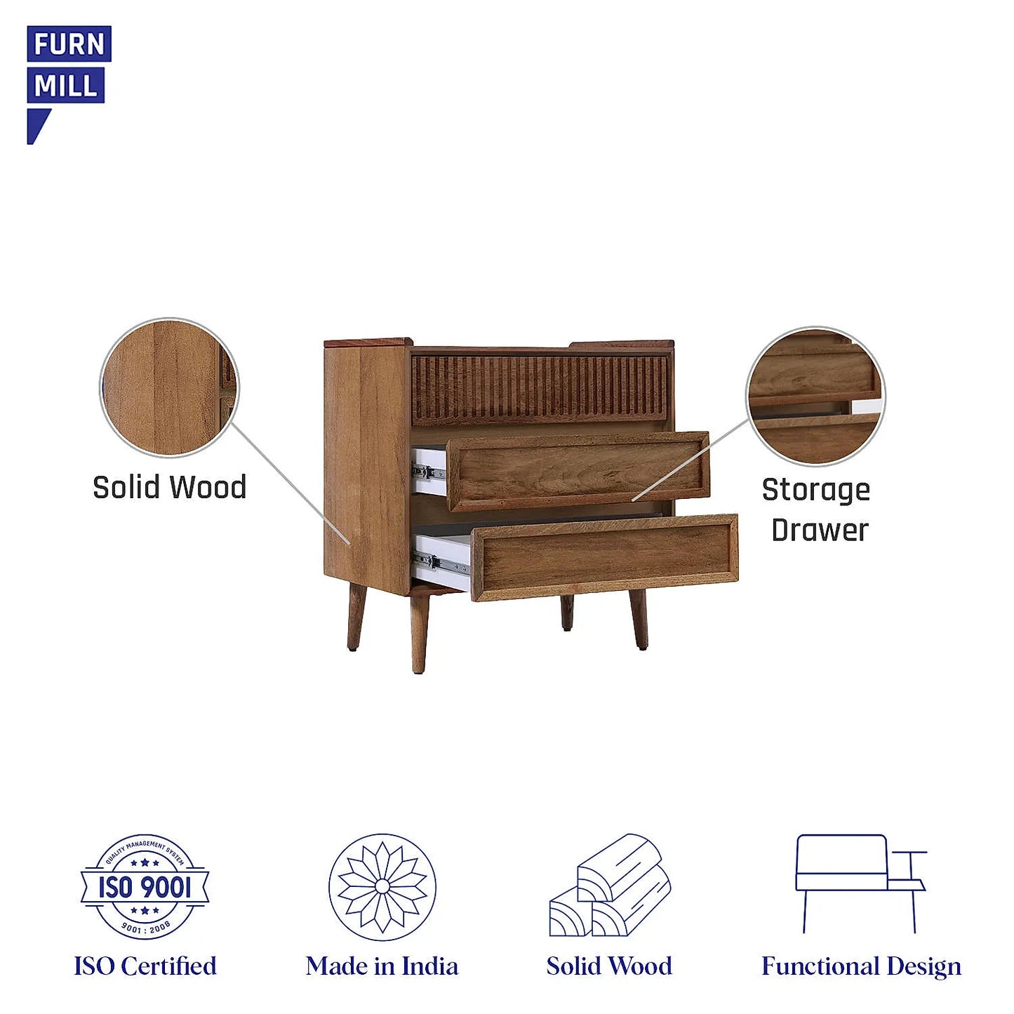 Cosmo Wooden 3 Chest of Drawers (Natural Finish)