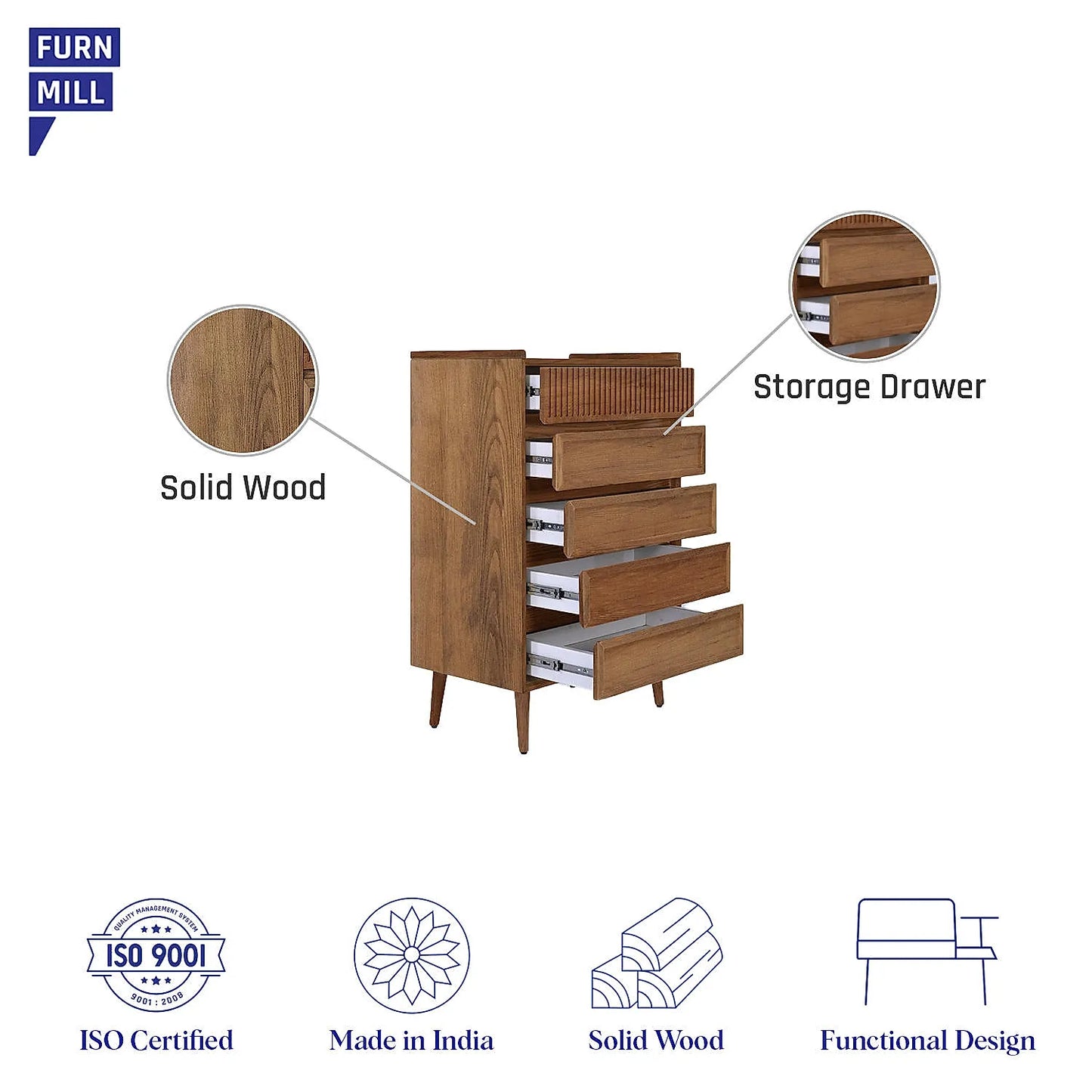 Cosmo Wooden 5 Chest of Drawers (Natural Finish)