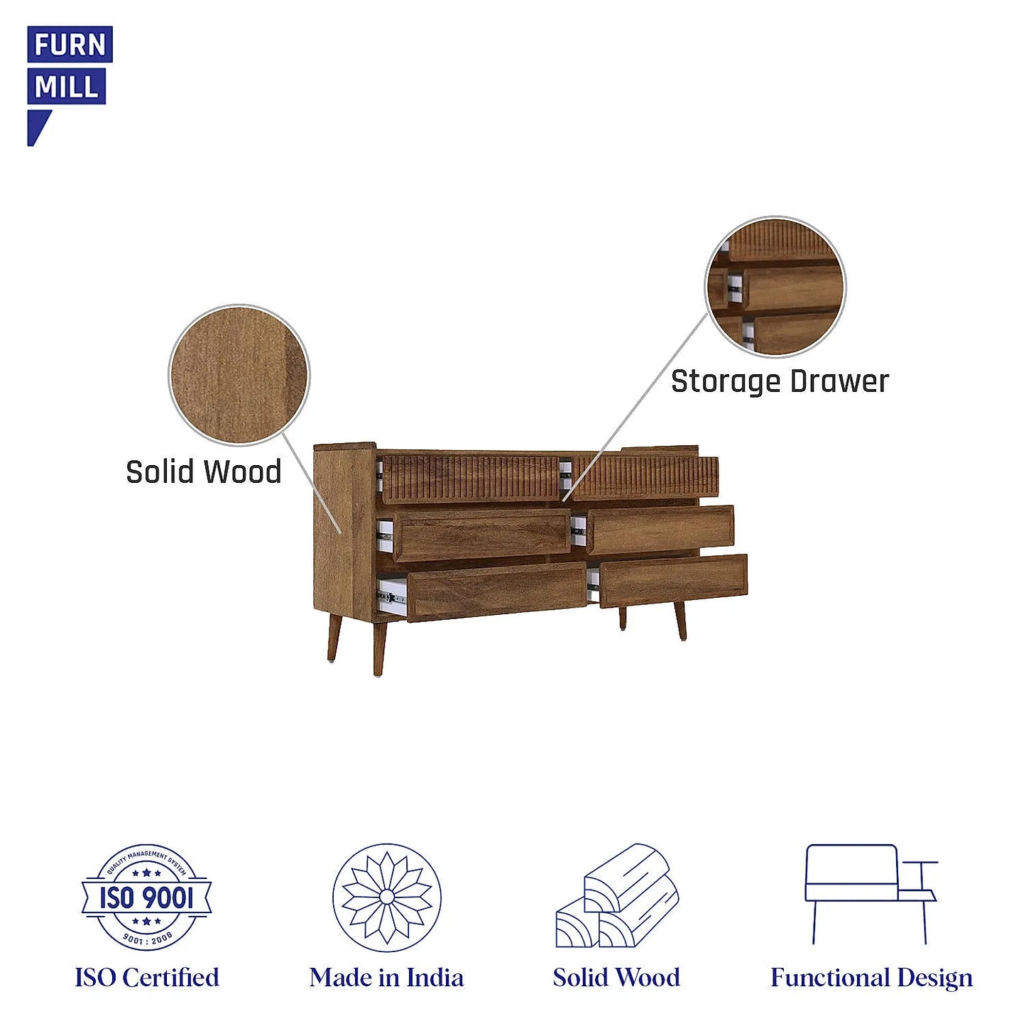 Cosmo Wooden 6 Chest of Drawers (Natural Finish)