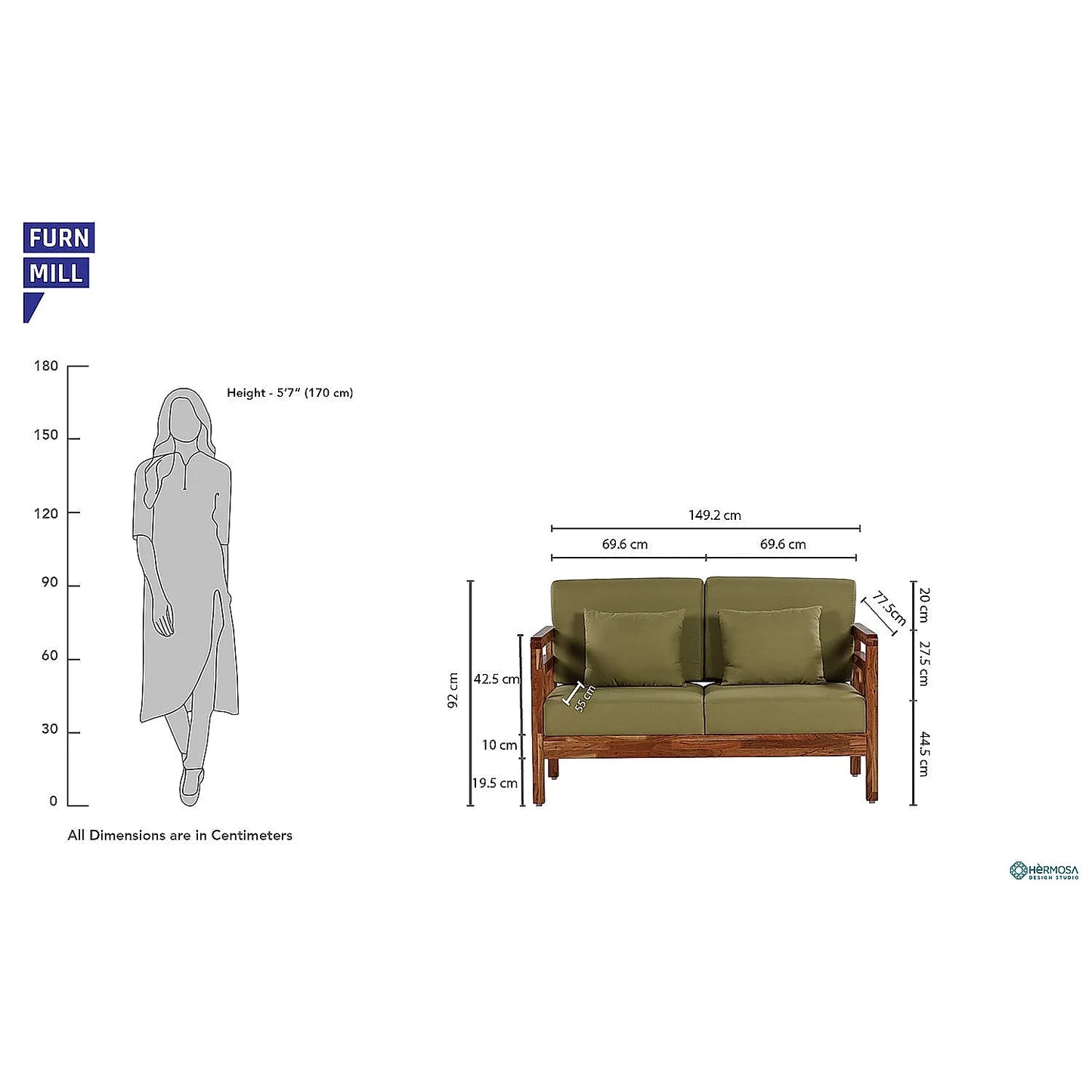 Crate 2 Seater Wooden Sofa (Linen, Green)