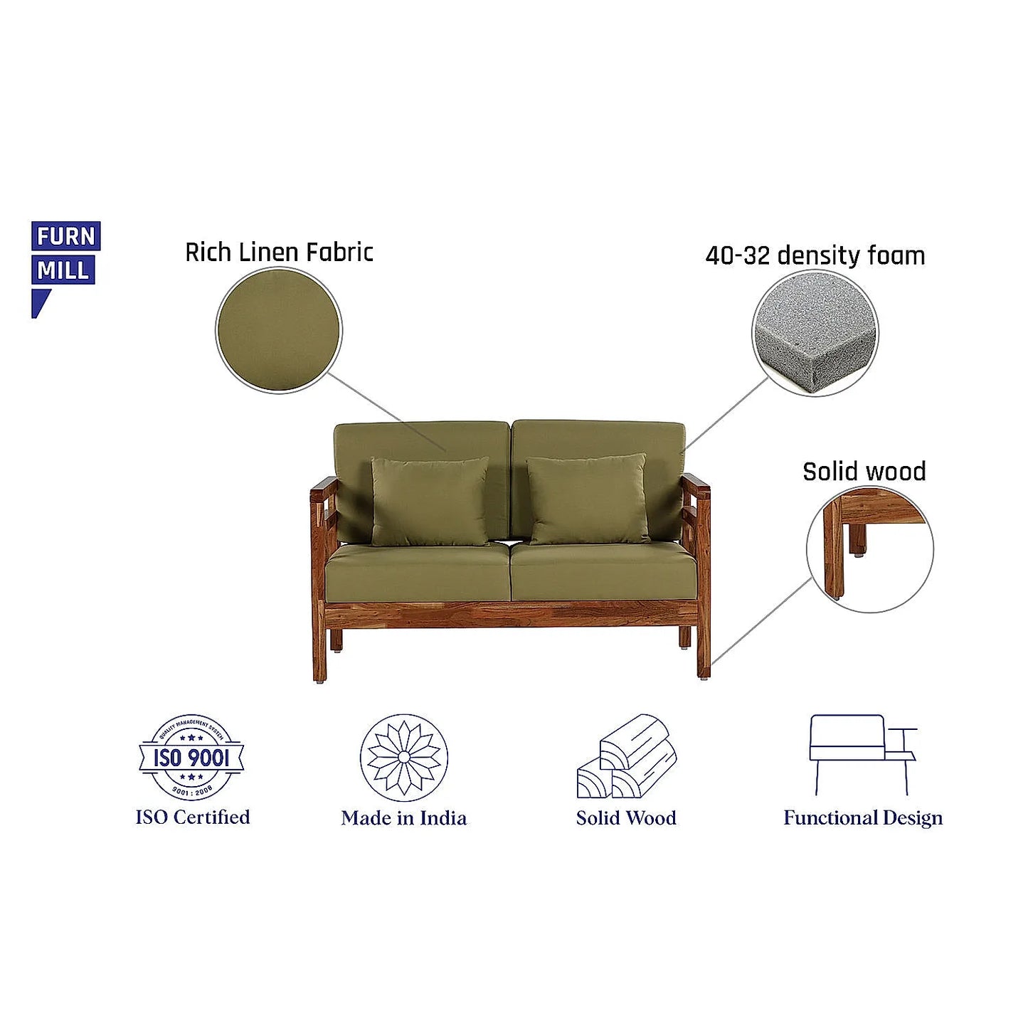 Crate 2 Seater Wooden Sofa (Linen, Green)