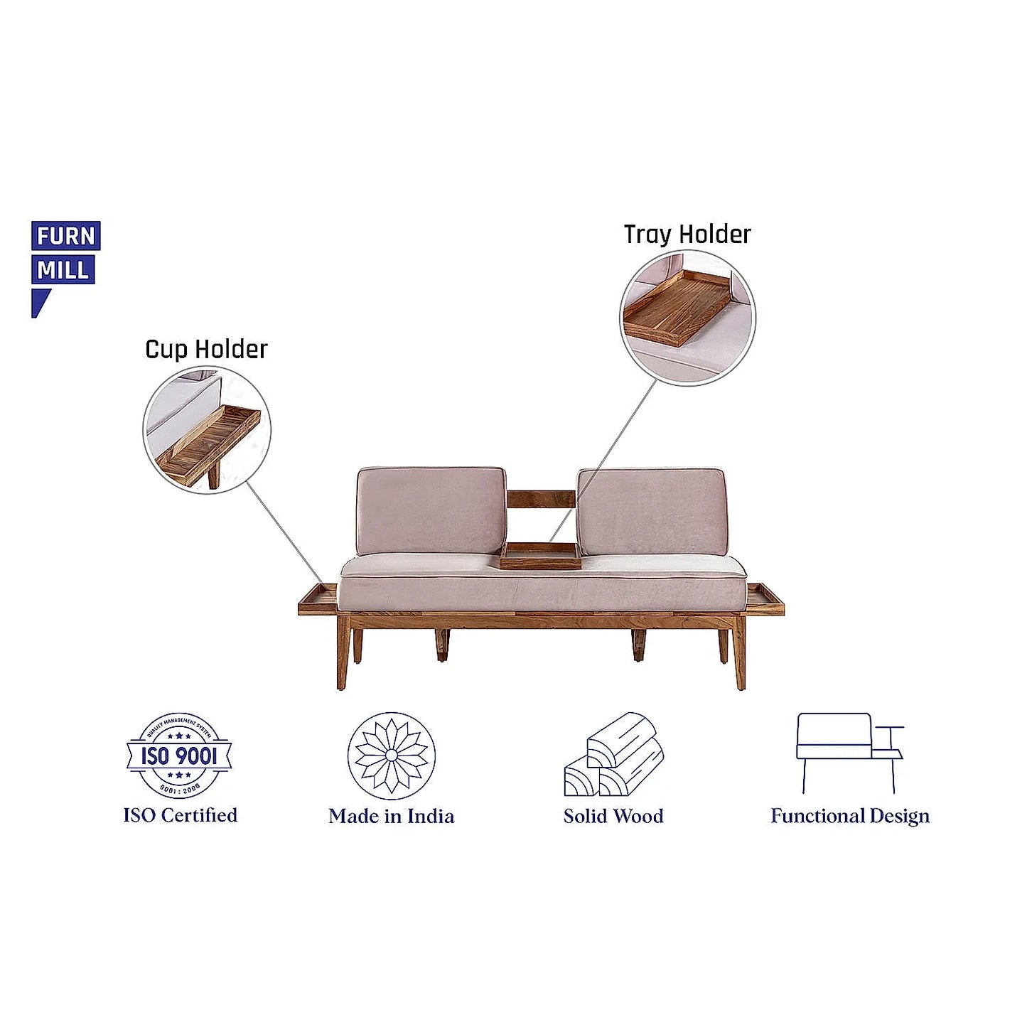 Minika 2 Seater Wooden Sofa (Velvet, Pink)