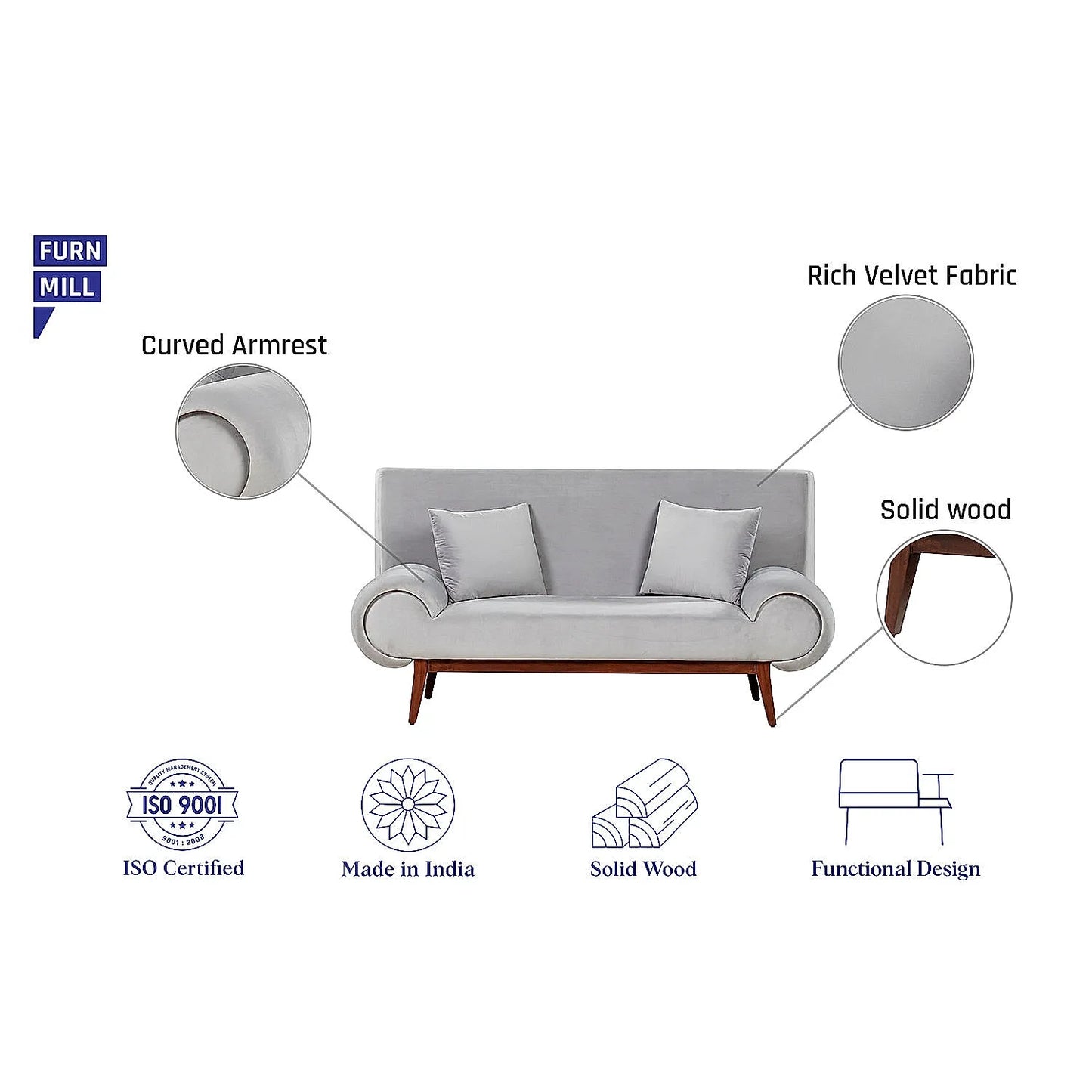 Kow Tow 2 Seater Wooden Sofa (Velvet, Grey)