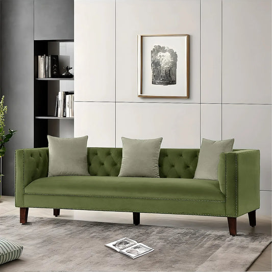Manchester 3 Seater Wooden Sofa (Velvet, Green)