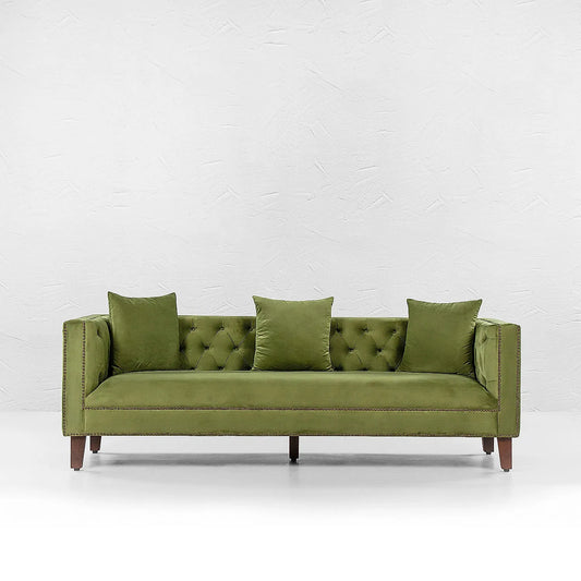Manchester 3 Seater Wooden Sofa (Velvet, Green)