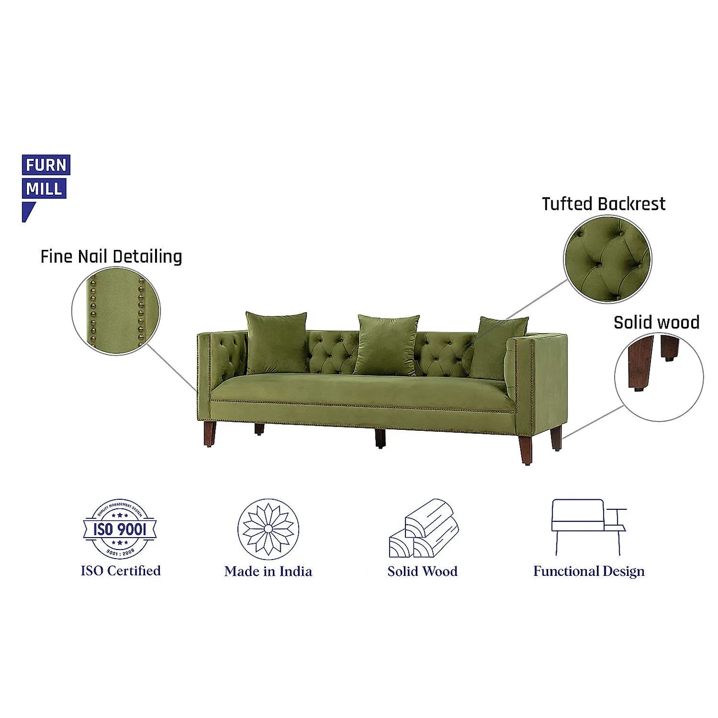 Manchester 3 Seater Wooden Sofa (Velvet, Green)