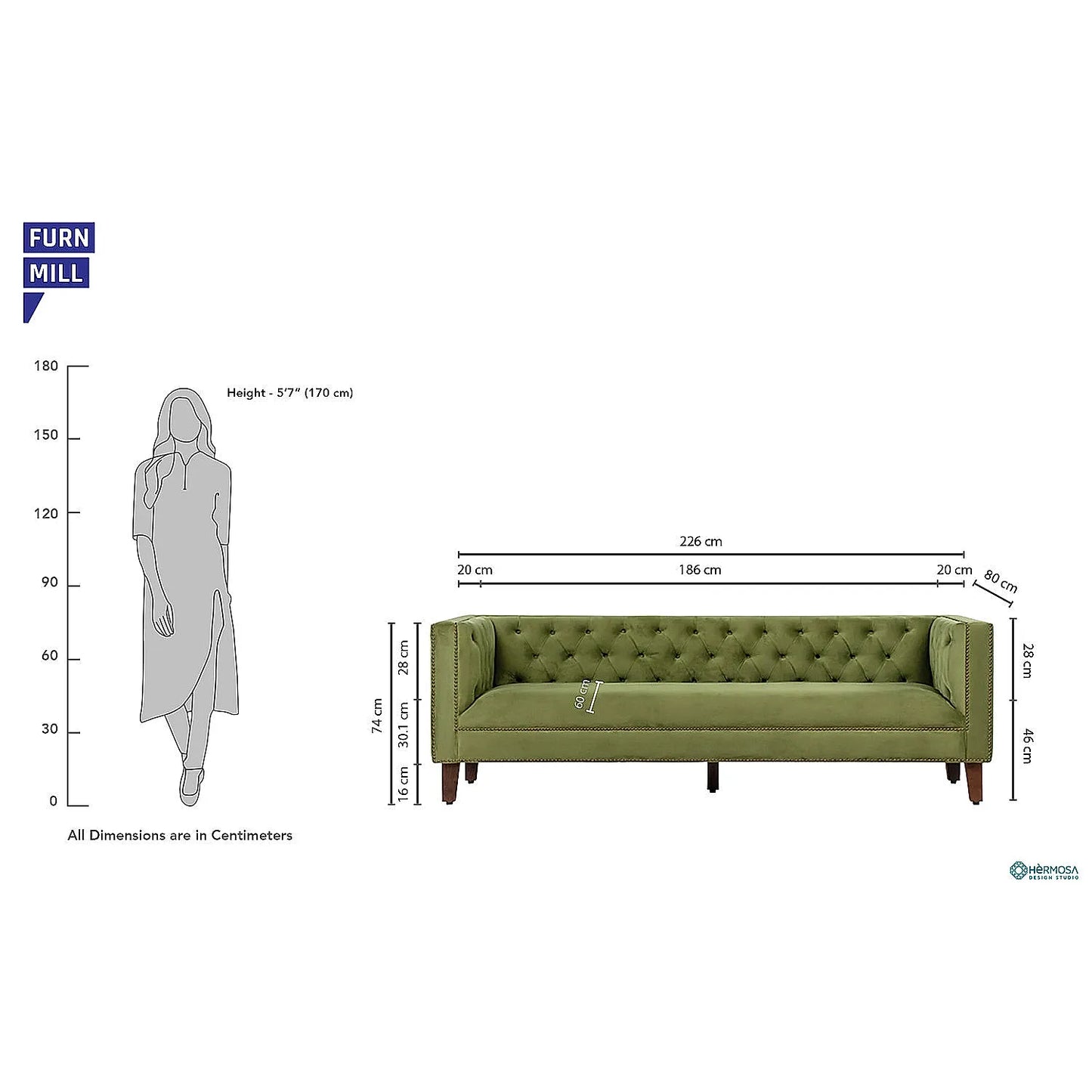 Manchester 3 Seater Wooden Sofa (Velvet, Green)
