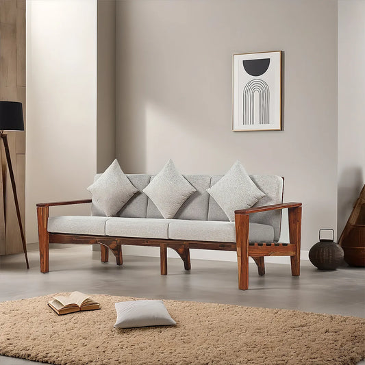 Adelia 3 Seater Wooden Sofa (Linen, Grey)