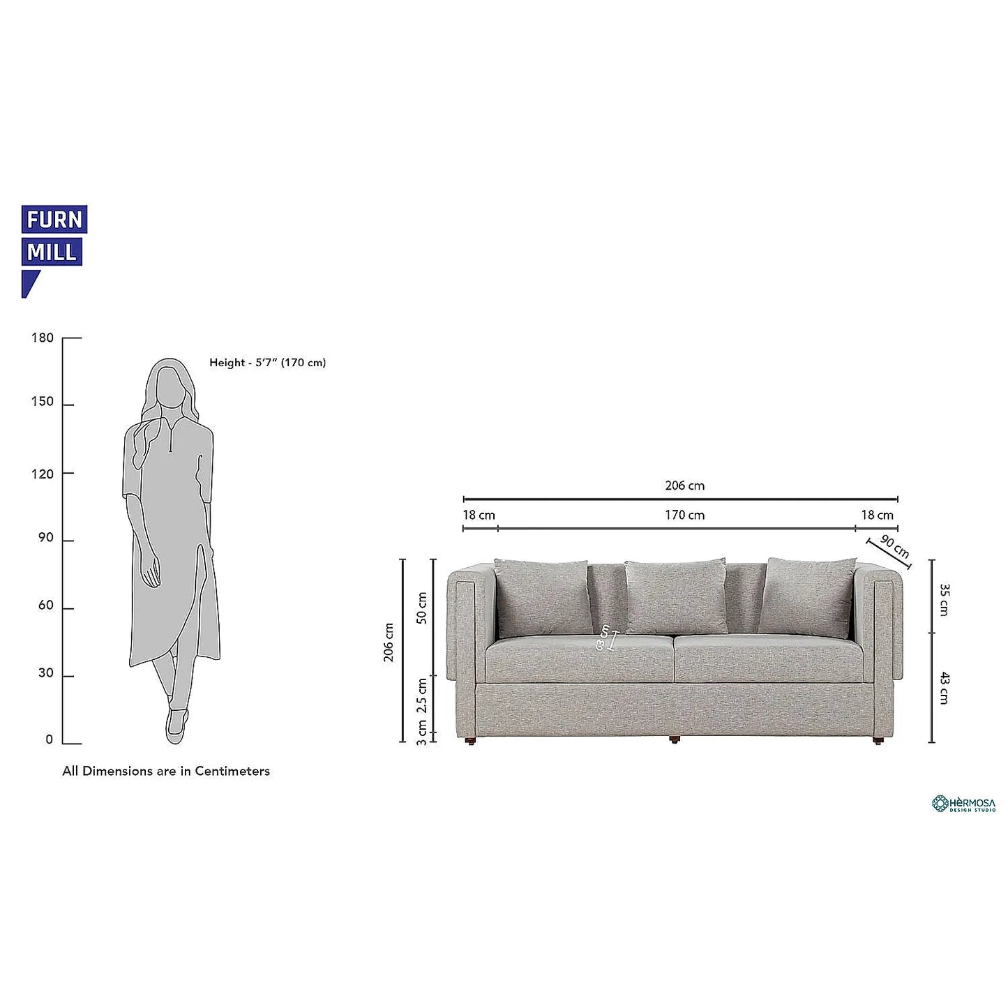 California 3 Seater Fabric Sofa (Linen, Grey)