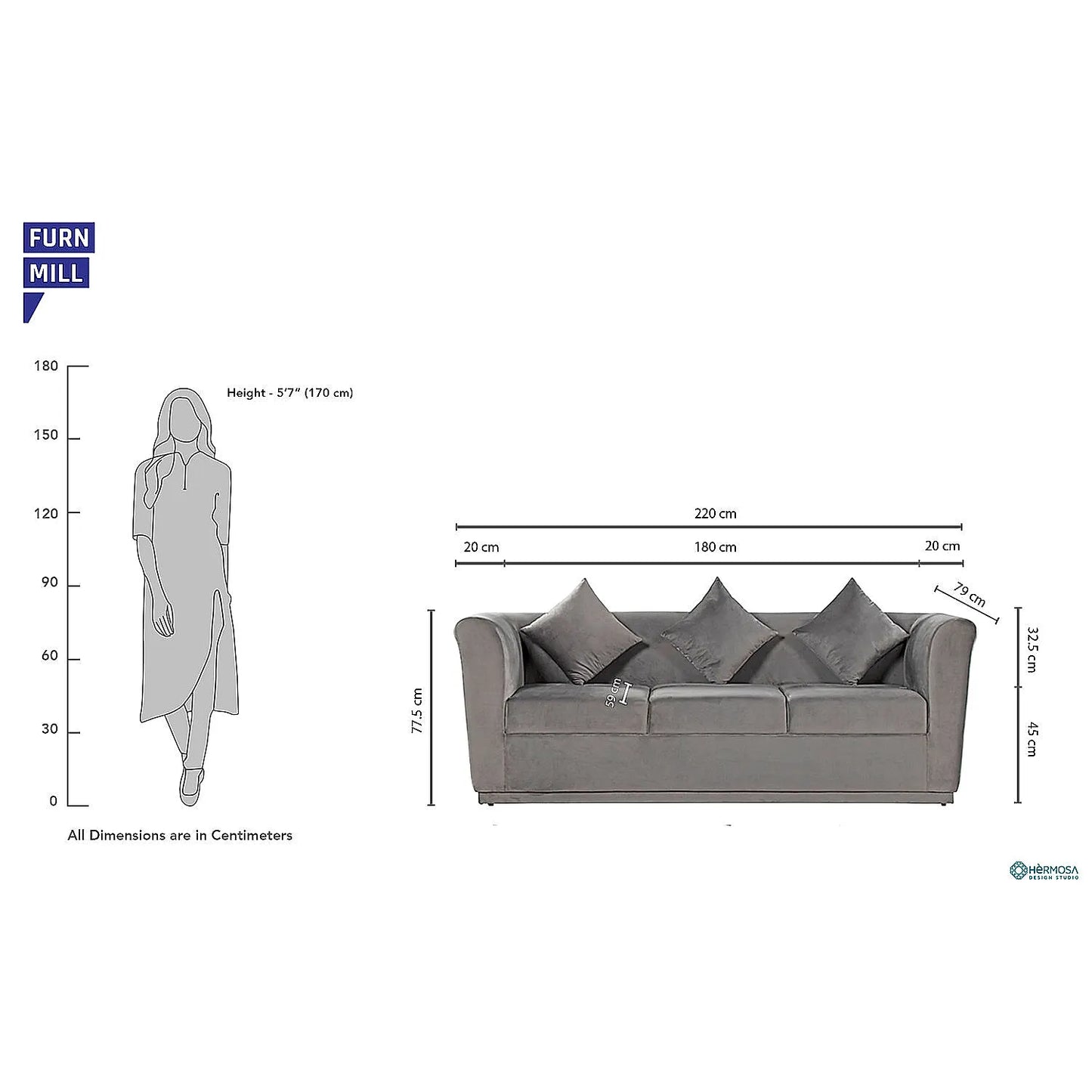 Hudson 3 Seater Fabric Sofa (Velvet, Grey)