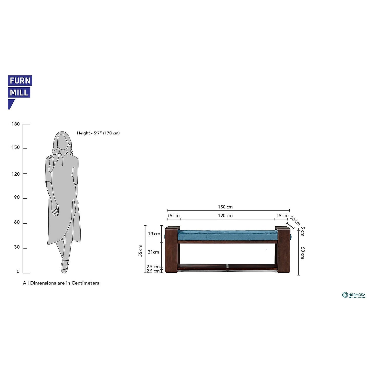 Collab Wooden Bench (Velvet, Blue)