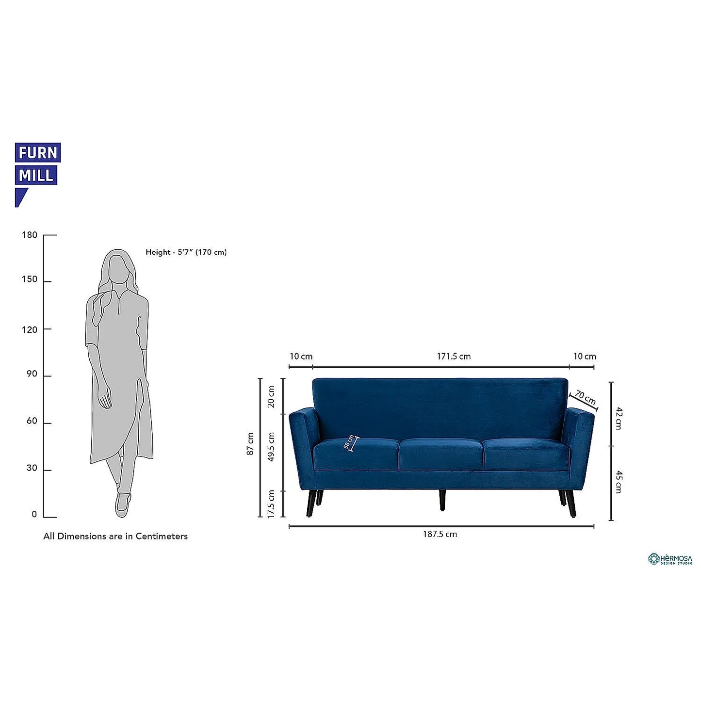 Cairo Wooden 3 Seater Sofa (Velvet, Blue)