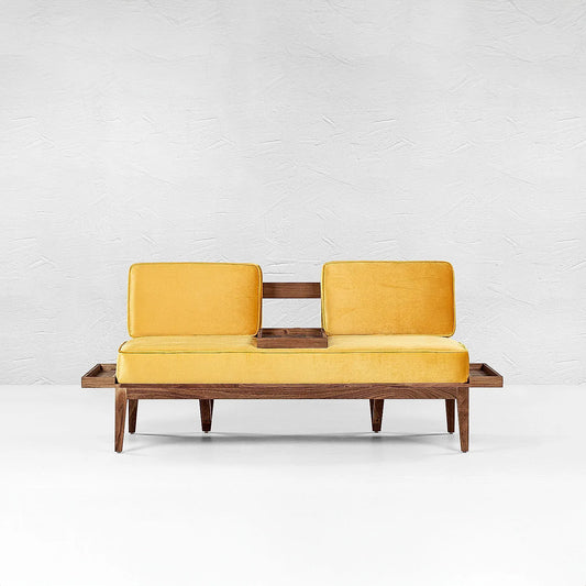 Minika 2 Seater Wooden Sofa (Velvet, Yellow)