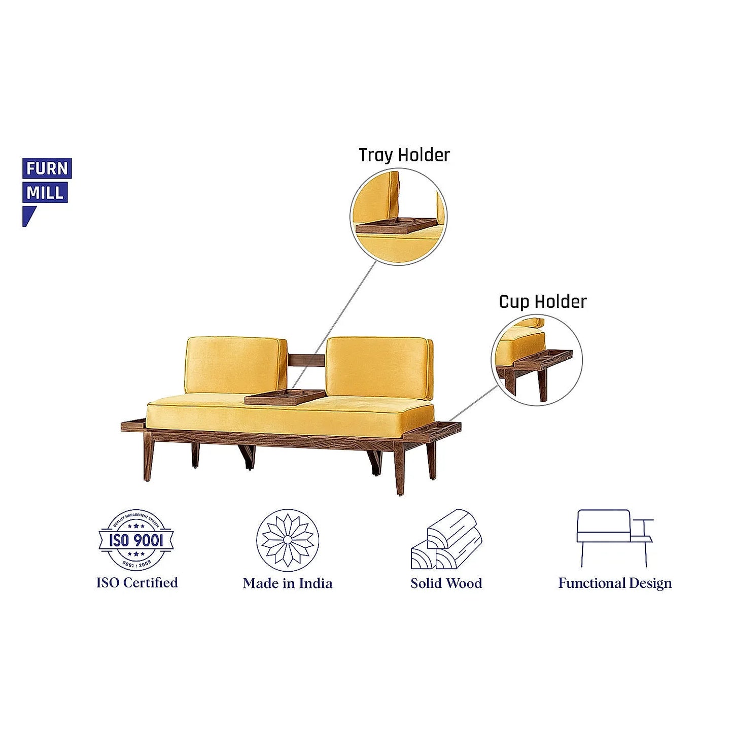 Minika 2 Seater Wooden Sofa (Velvet, Yellow)