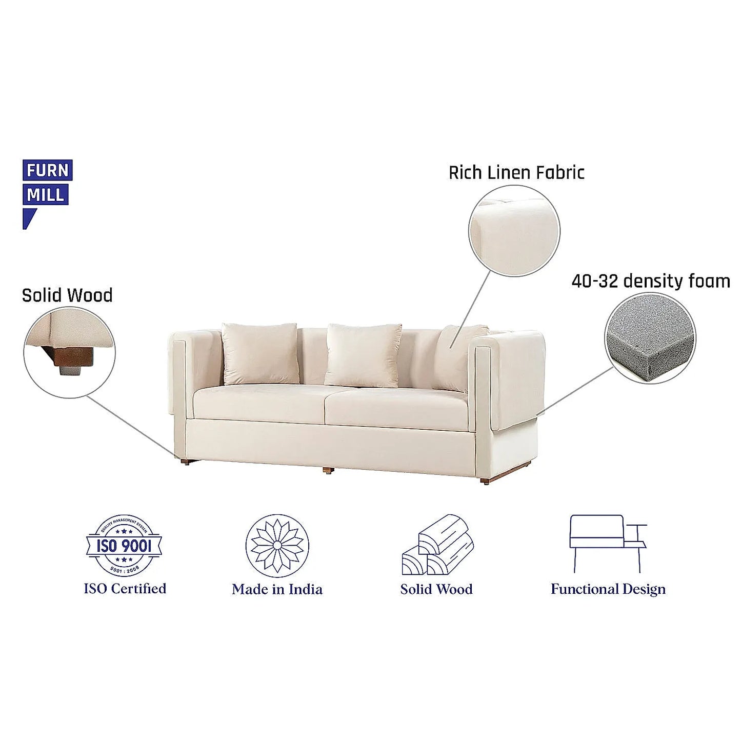 California 3 Seater Fabric Sofa (Velvet, Beige)