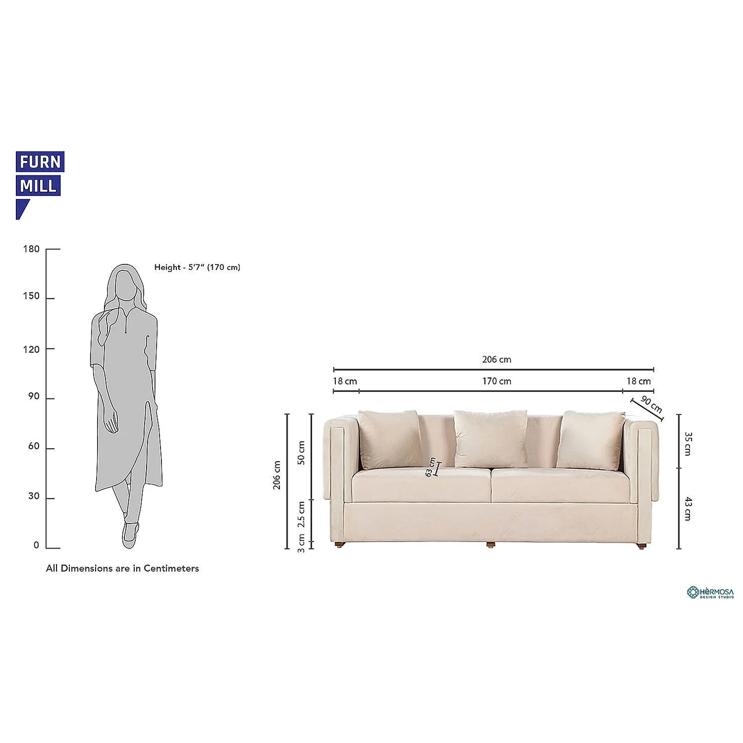 California 3 Seater Fabric Sofa (Velvet, Beige)