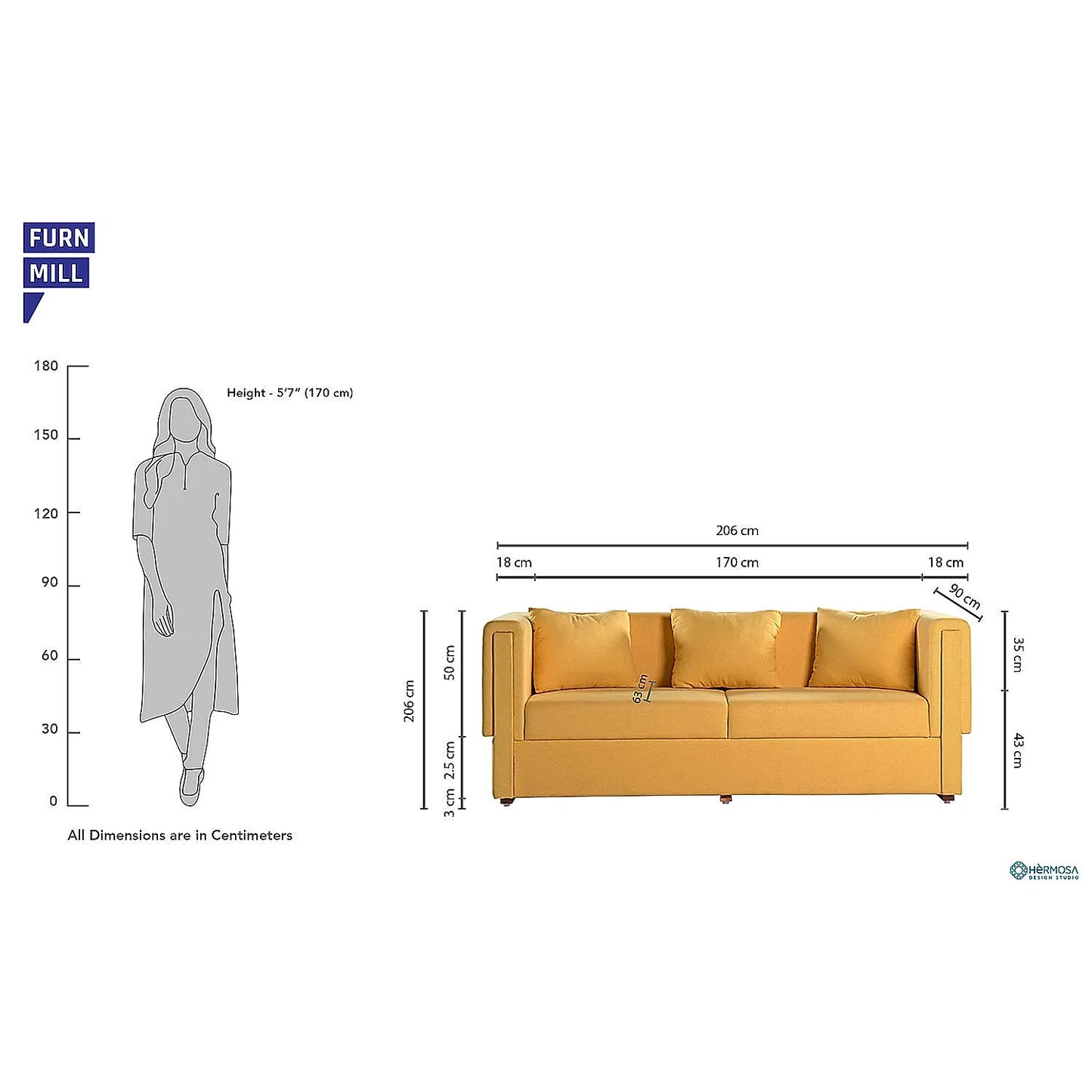 California 3 Seater Fabric Sofa (Linen, Yellow)