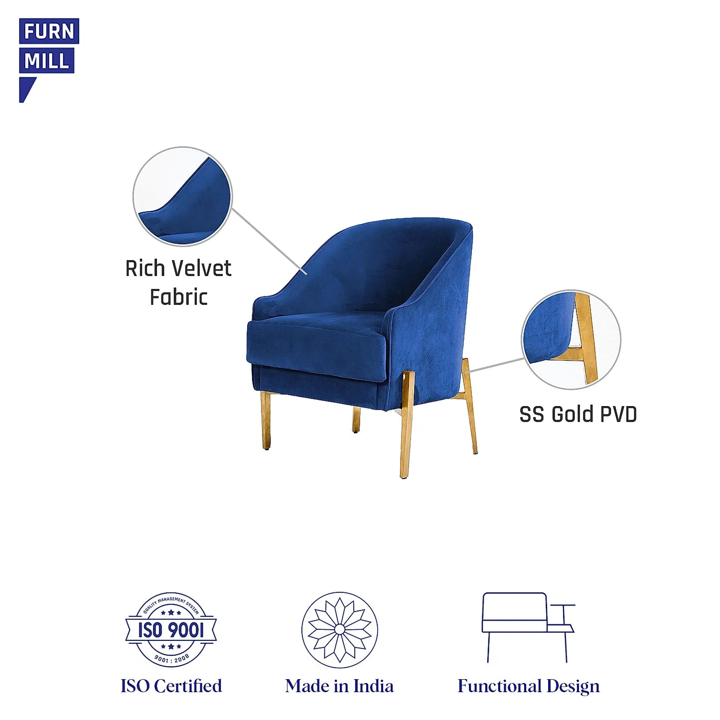 Avaitor Accent Chair with Metals legs (Velvet, Blue)