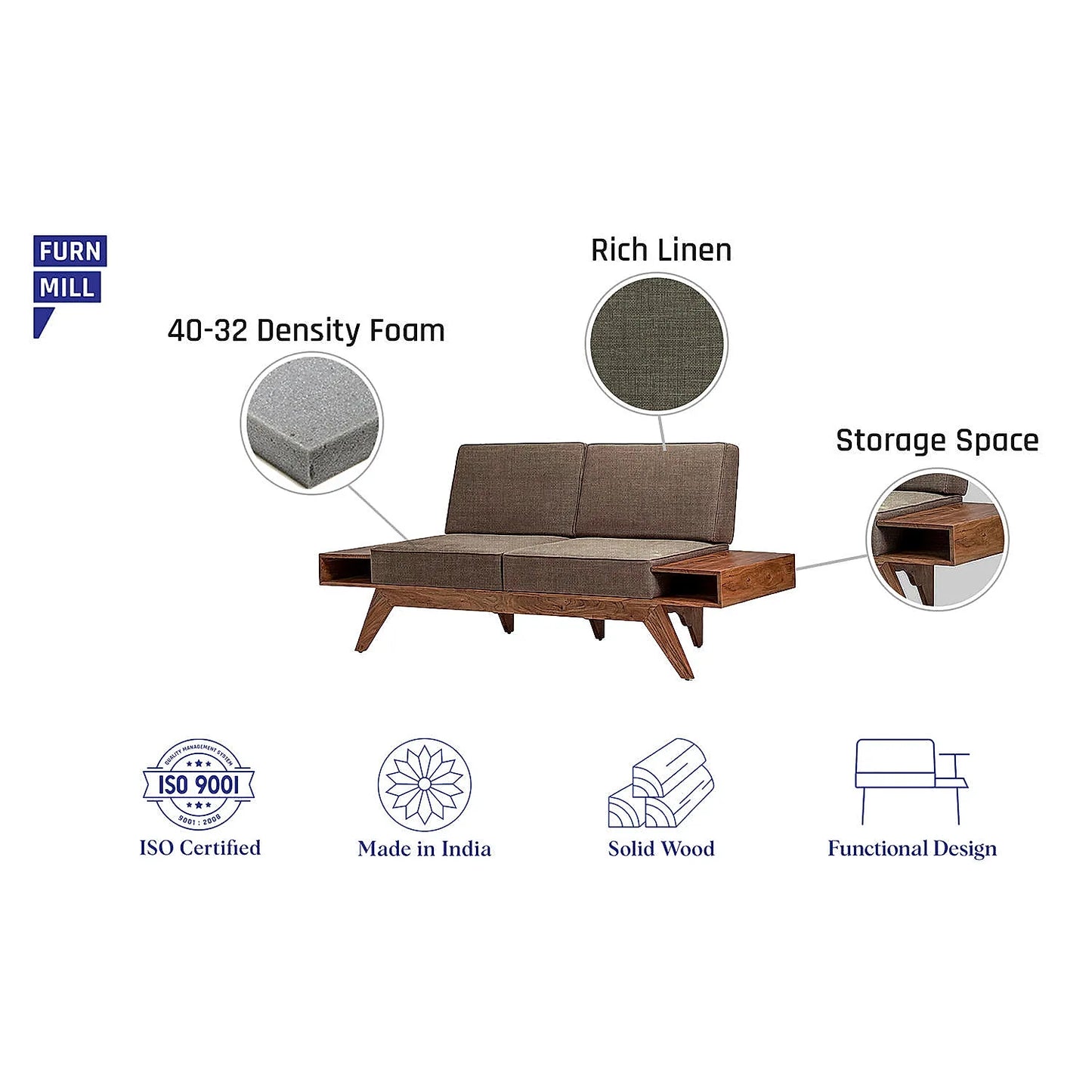 Berlin 2 Seater Wooden Sofa (Linen, Brown)