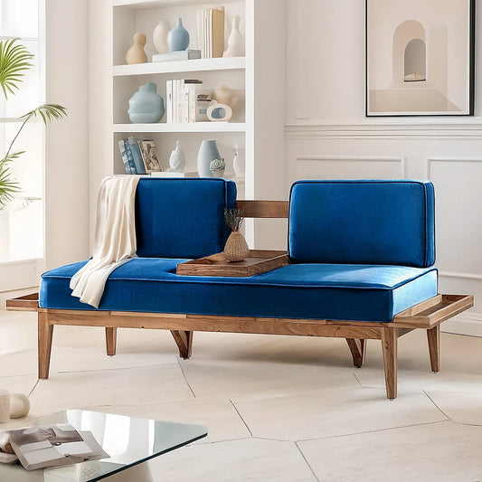 Minika 2 Seater Wooden Sofa (Velvet, Blue)