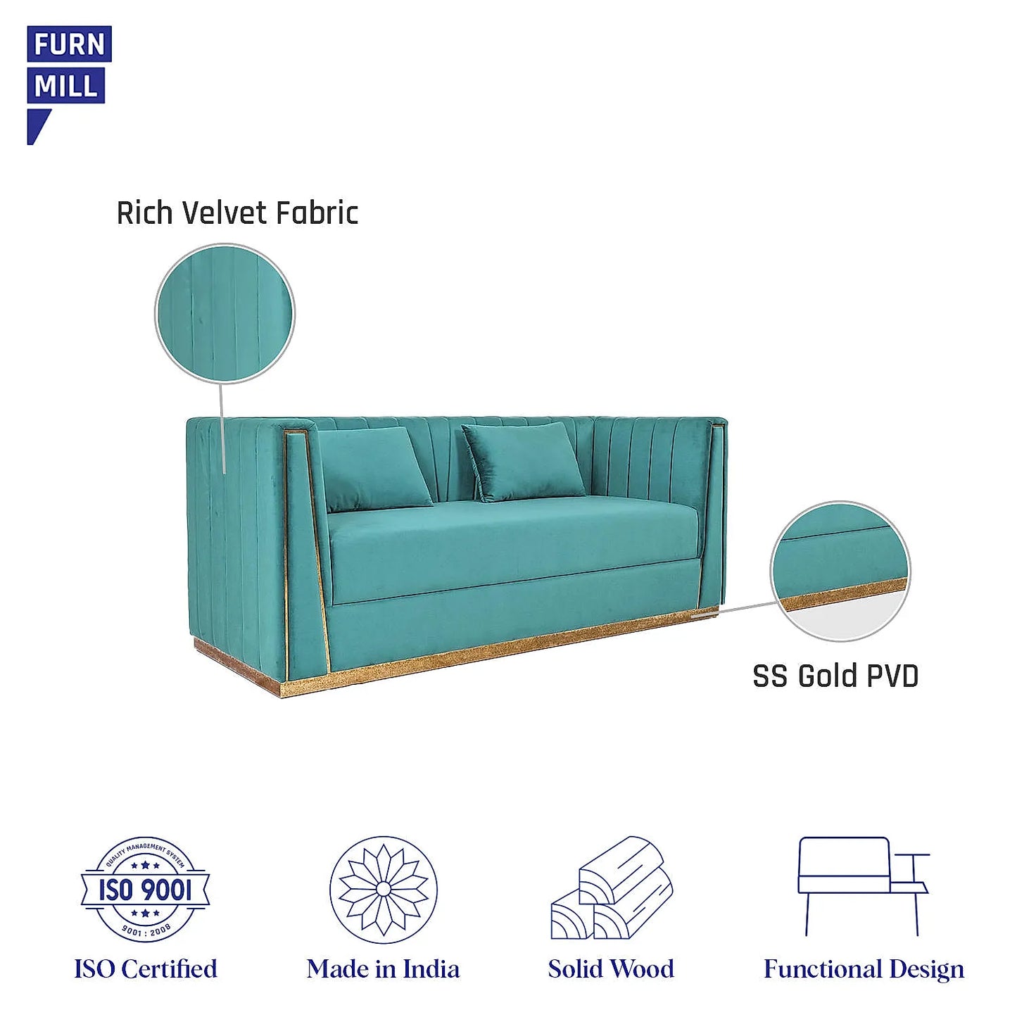 Oslo 3 Seater Fabric Sofa (Velvet, Sea Green Color)