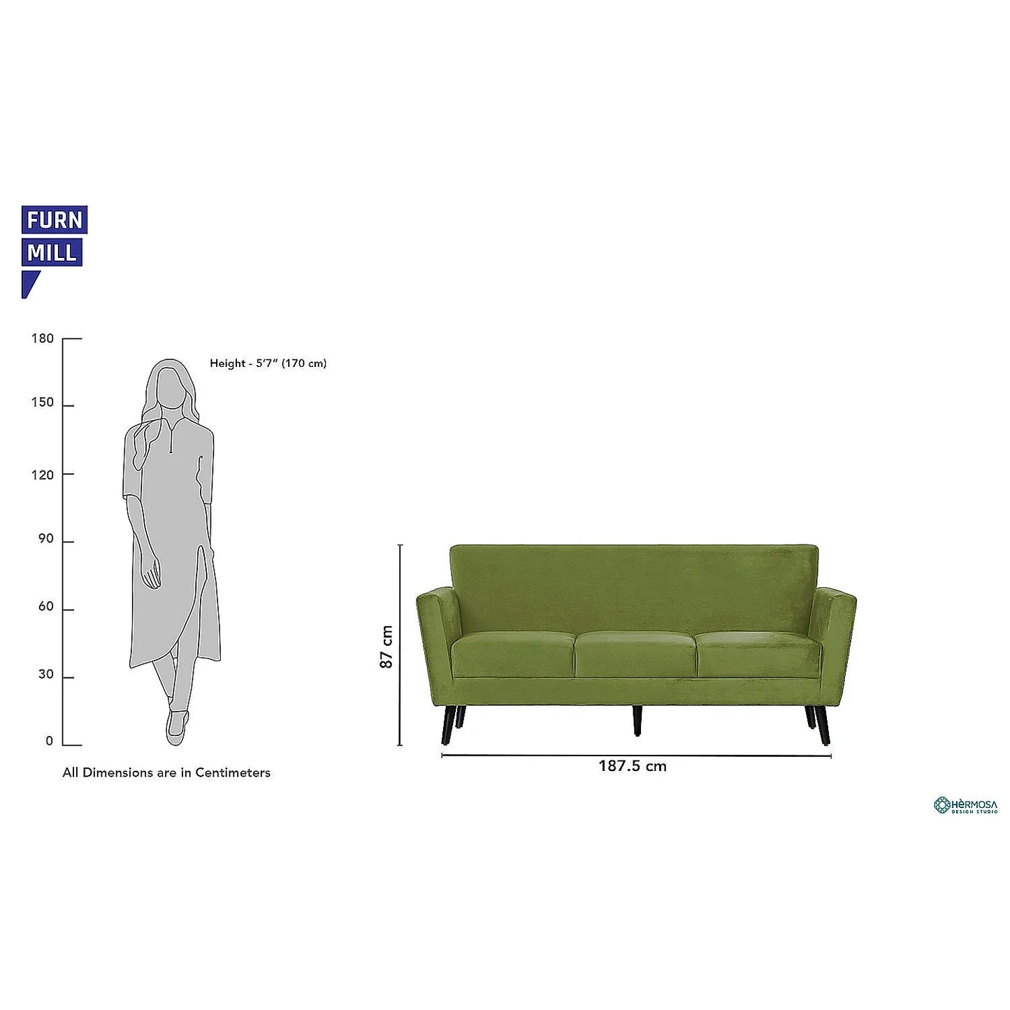 Cairo Wooden 3 Seater Sofa (Velvet, Green)