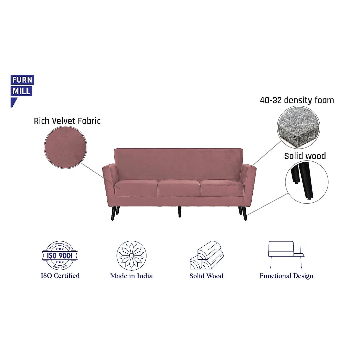 Cairo Wooden 3 Seater Sofa (Velvet, Mauve)