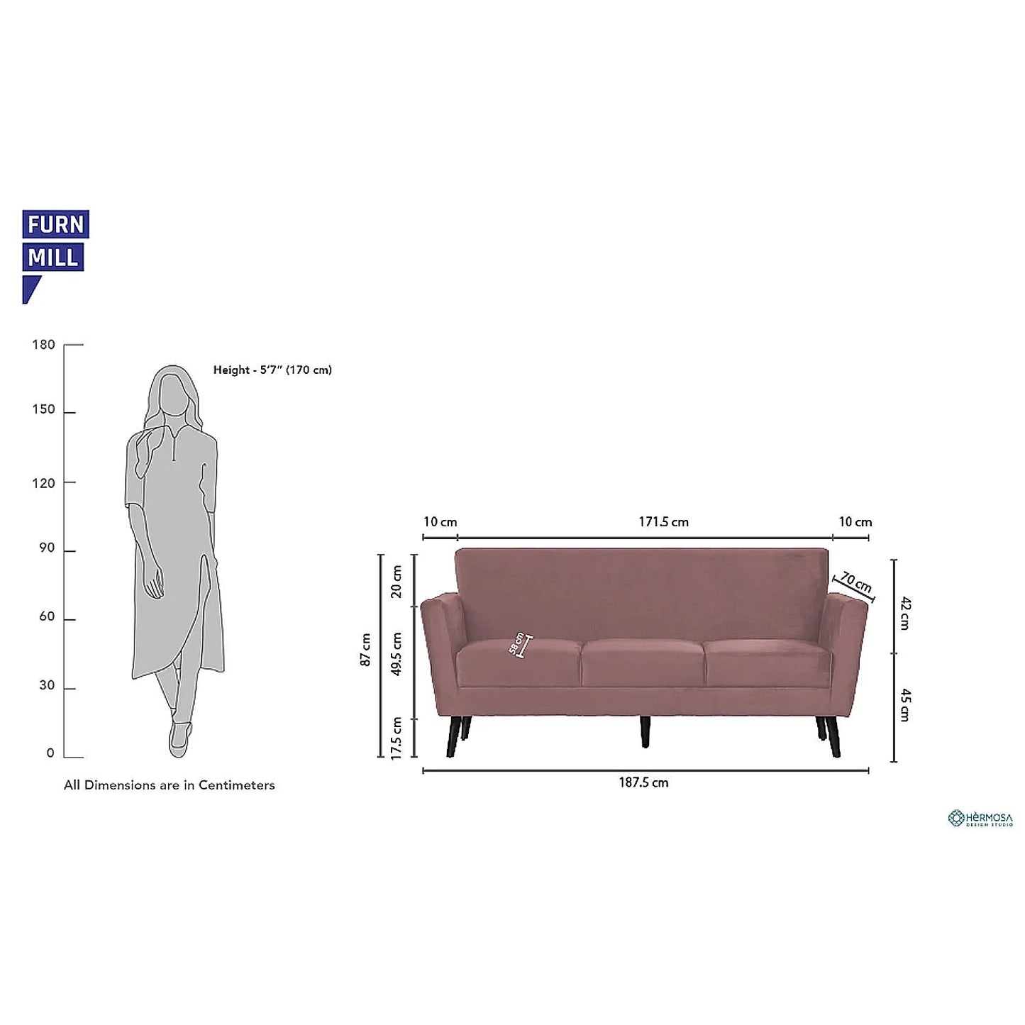 Cairo Wooden 3 Seater Sofa (Velvet, Mauve)