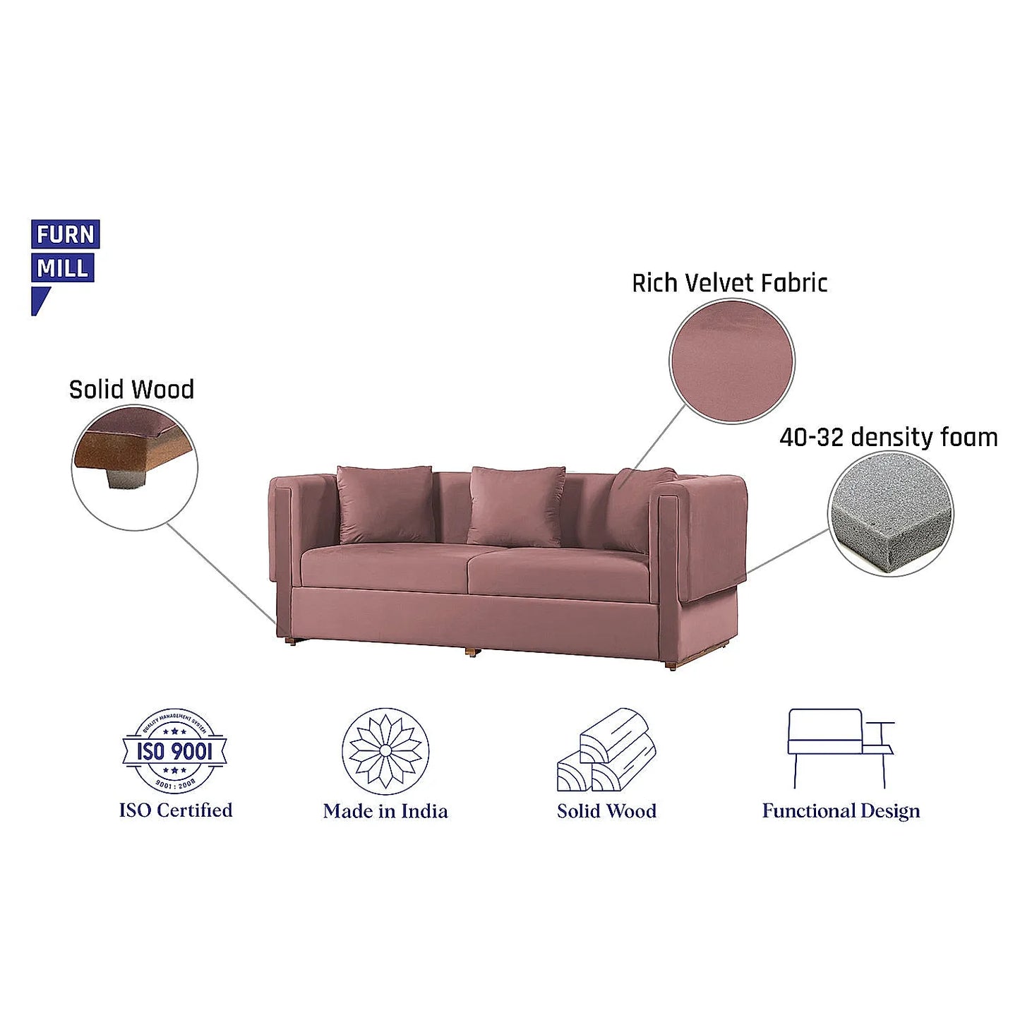 California 3 Seater Fabric Sofa (Velvet, Mauve)