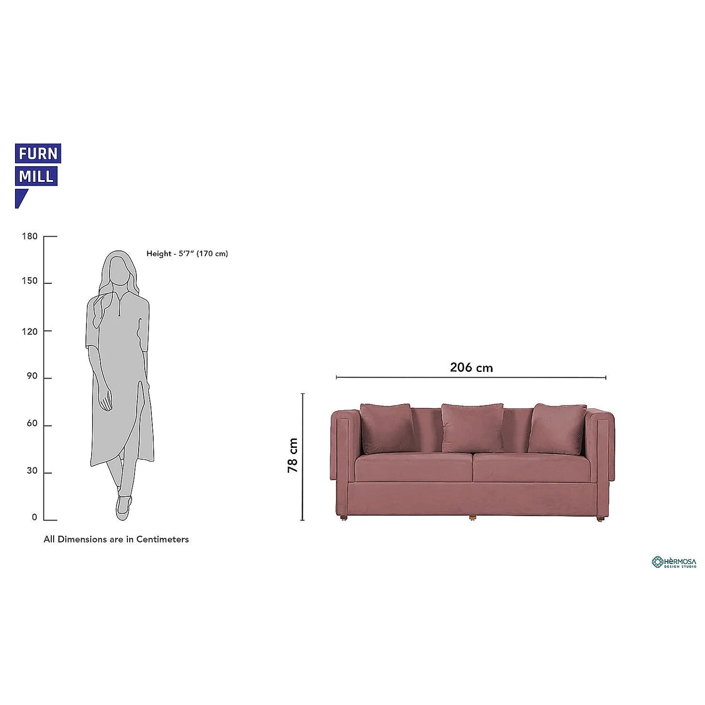 California 3 Seater Fabric Sofa (Velvet, Mauve)