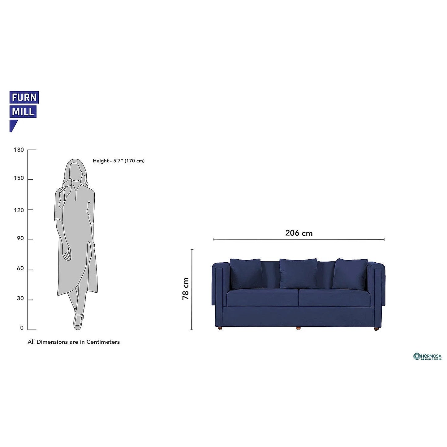 California 3 Seater Fabric Sofa (Velvet, Blue)