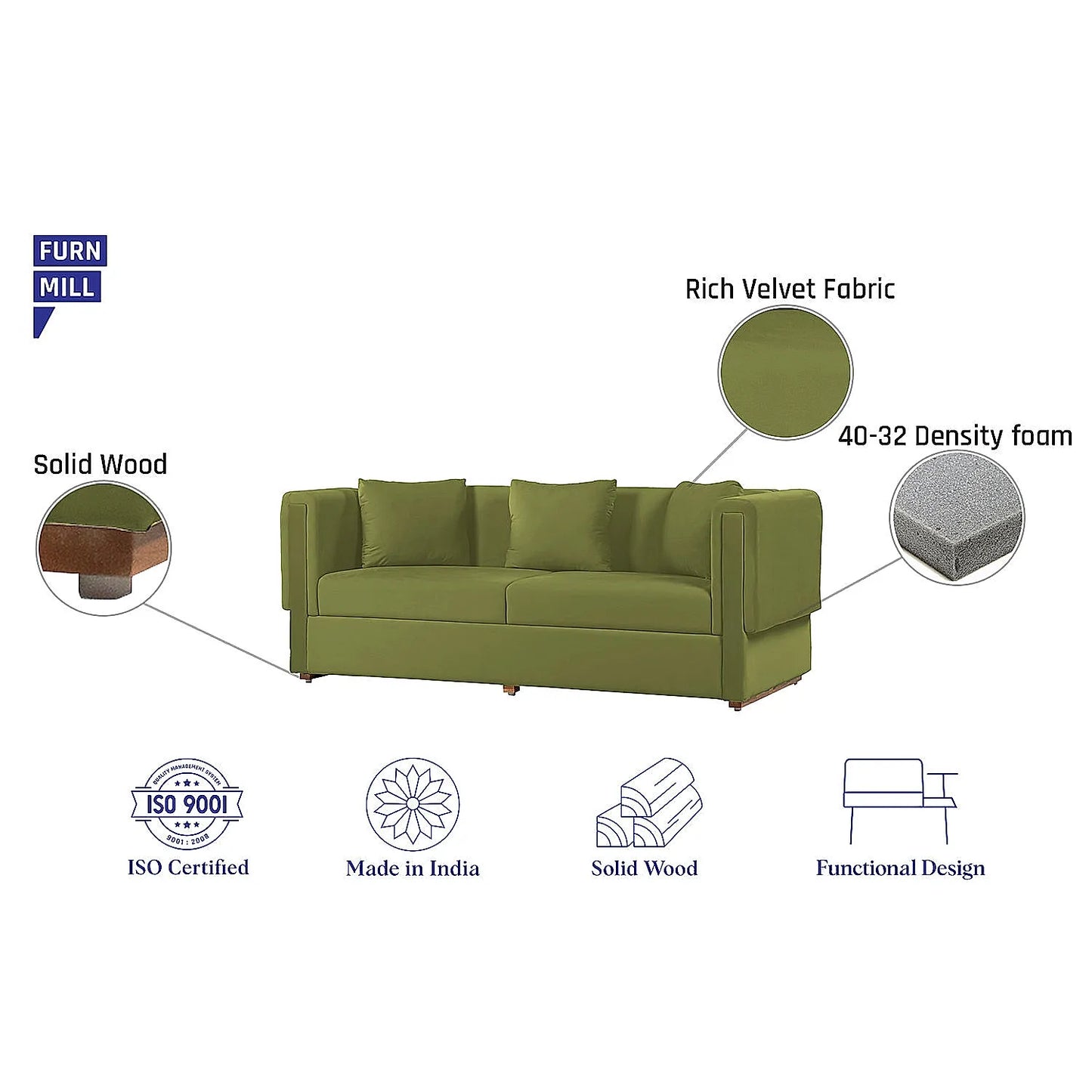 California 3 Seater Fabric Sofa (Velvet, Green)
