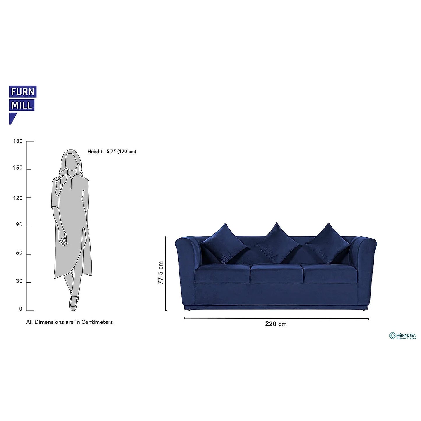 Hudson 3 Seater Fabric Sofa (Velvet, Blue)