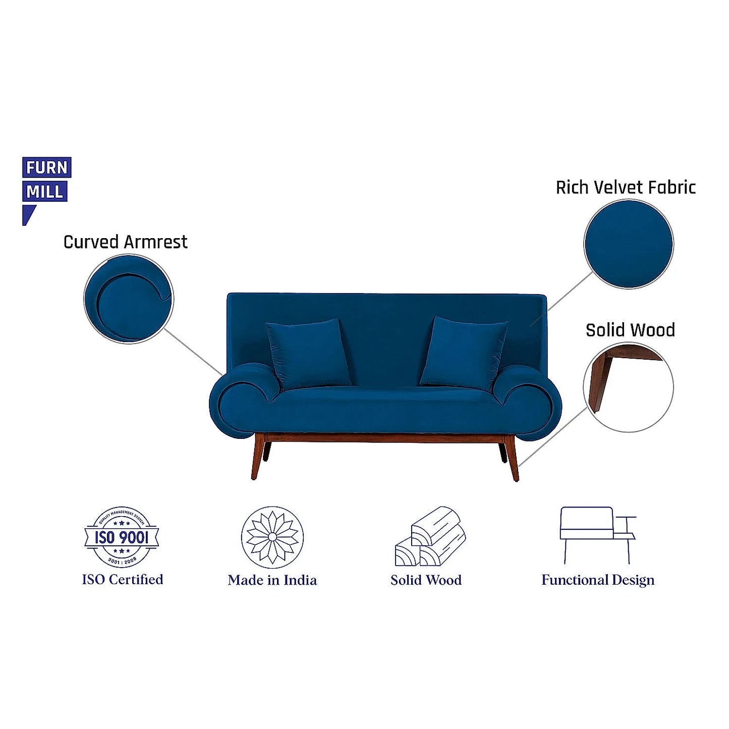 Kow Tow 2 Seater Wooden Sofa (Velvet, Blue)