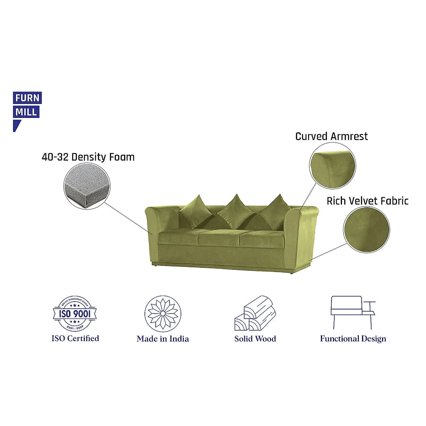 Hudson 3 Seater Fabric Sofa (Velvet, Green)