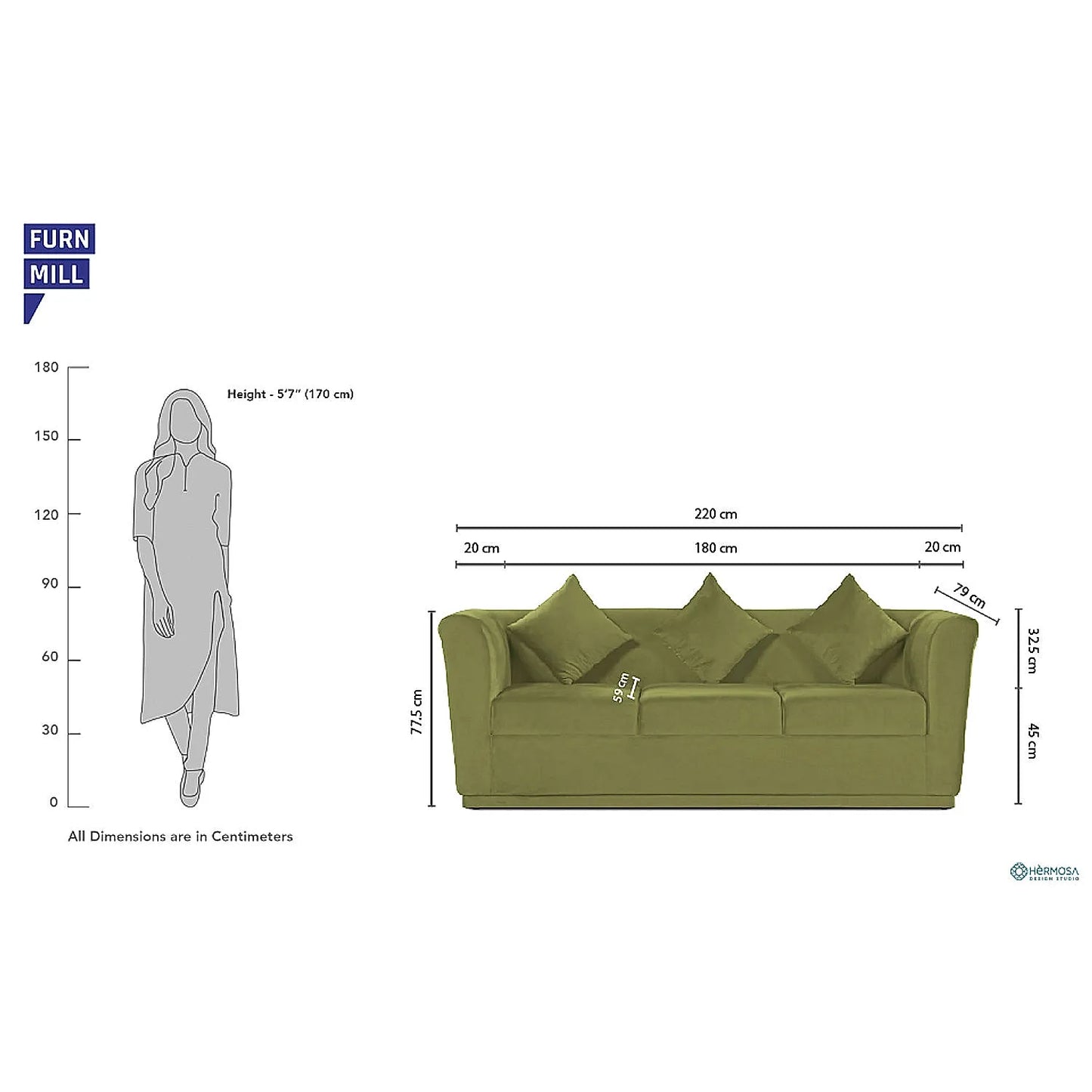 Hudson 3 Seater Fabric Sofa (Velvet, Green)